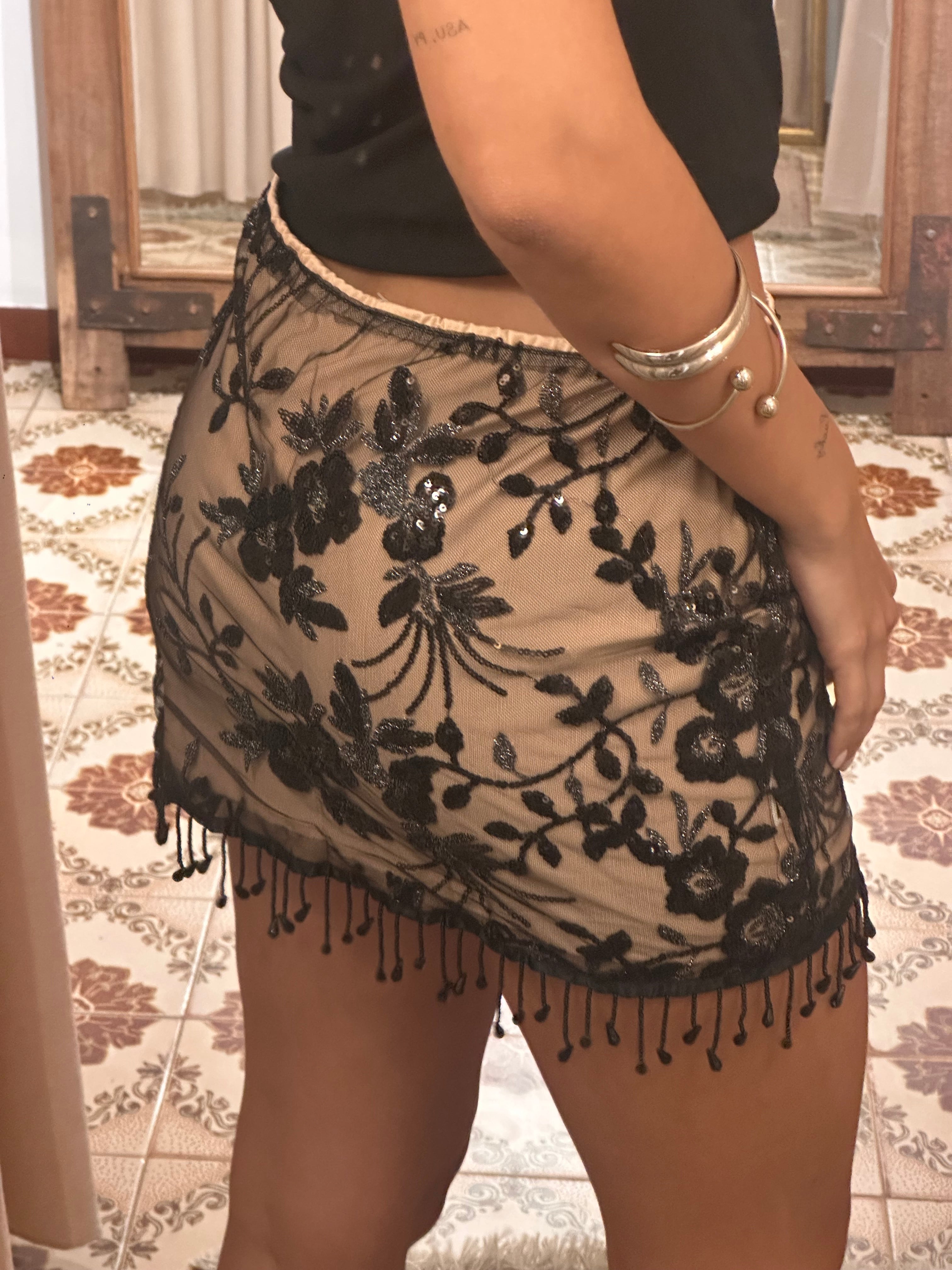 Beaded Mini Skirt Beige/Black