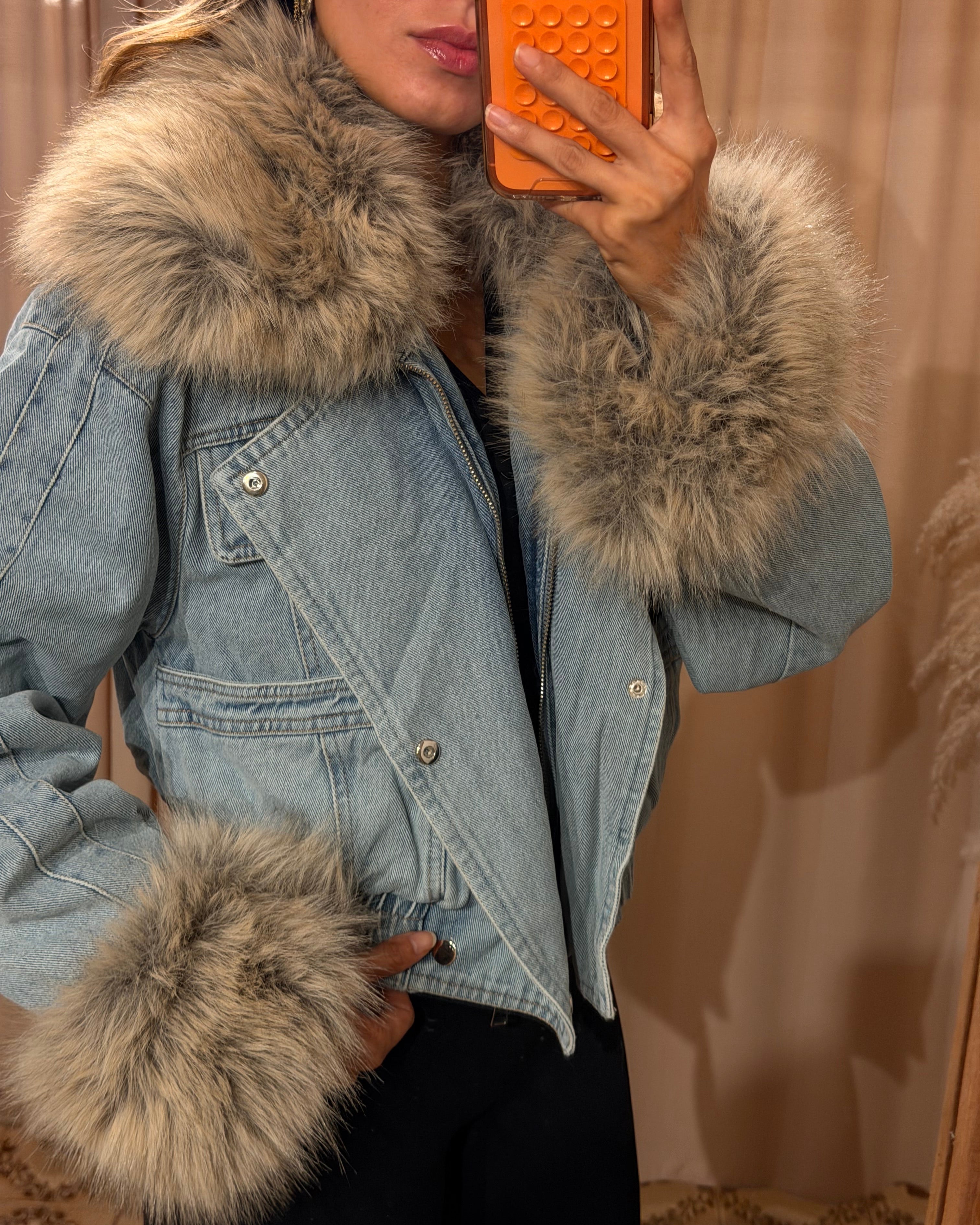Faux Fur Denim Jacket - Light Denim