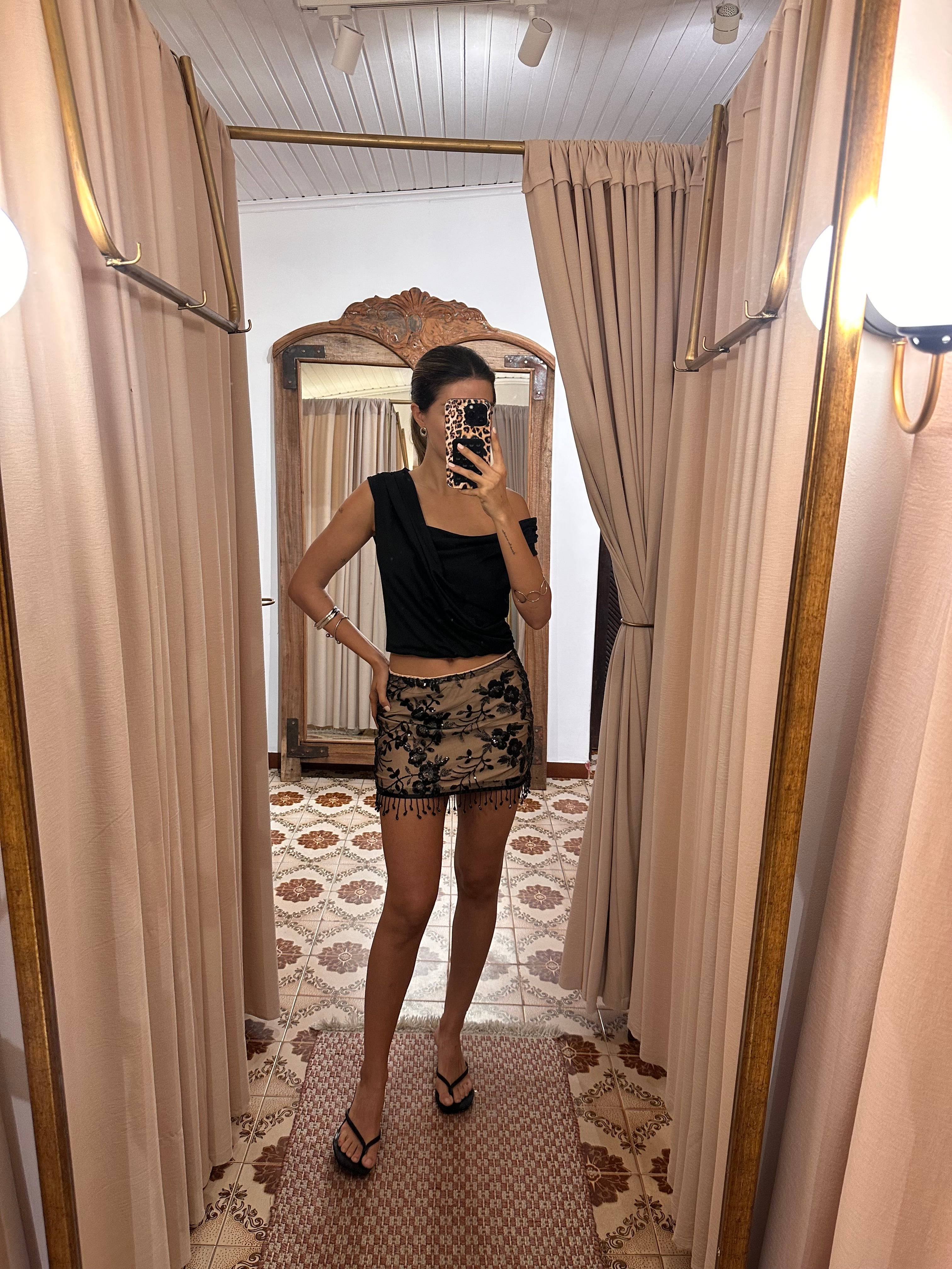 Beaded Mini Skirt Beige/Black