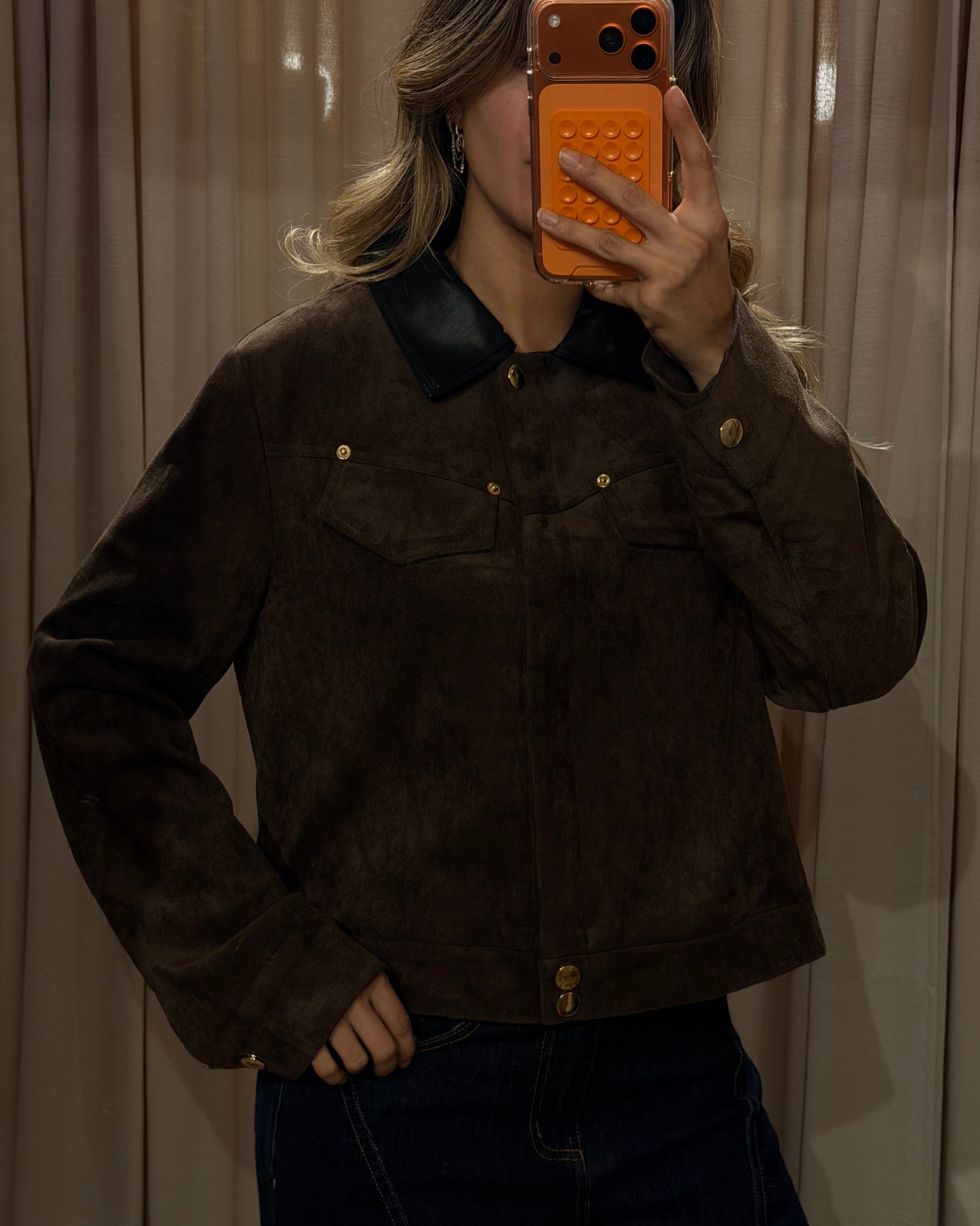 Collar Suede Jacket - Brown