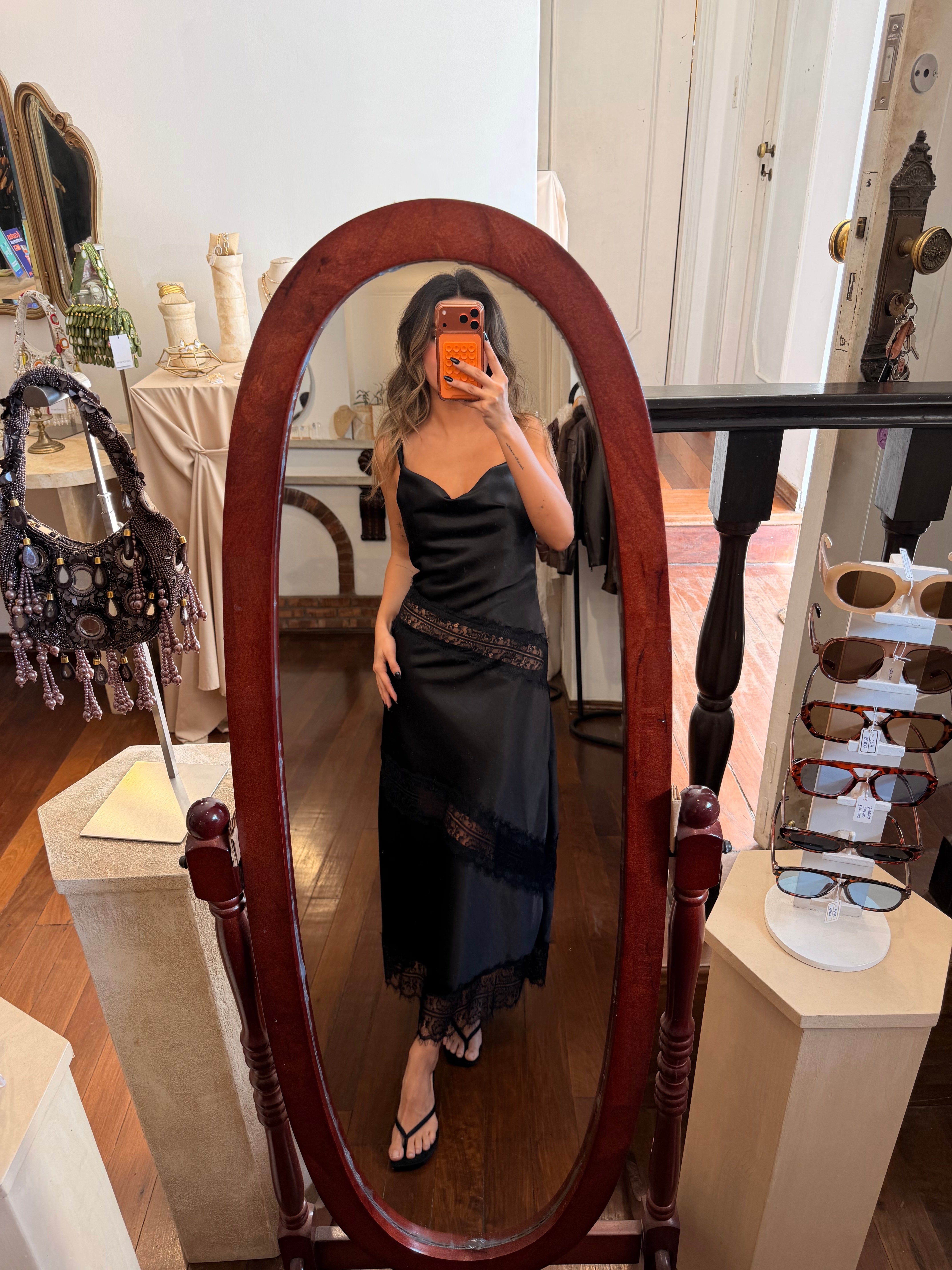 Satin Lace Maxi Dress - Black