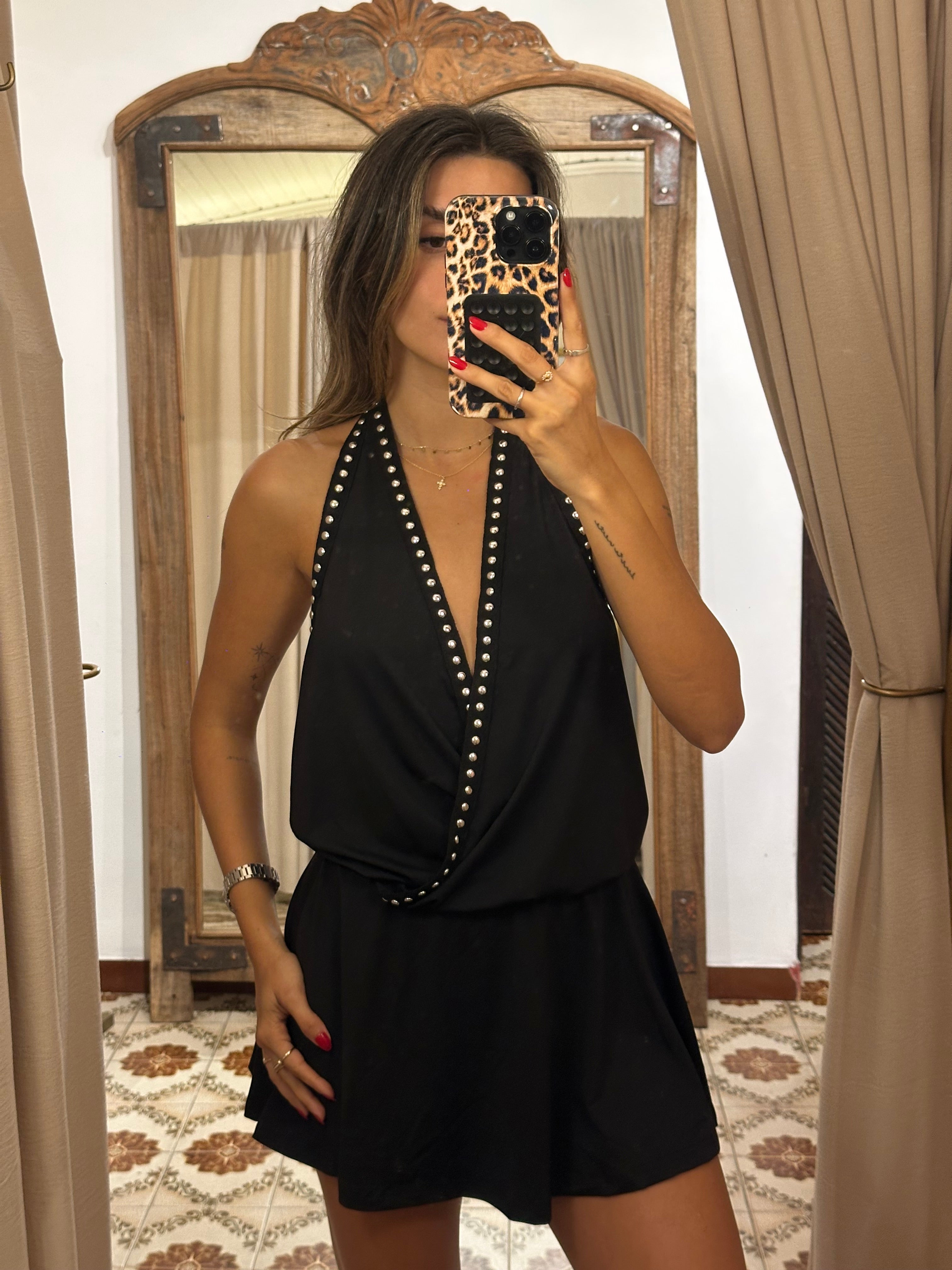 Stud Cowl Neck Mini Dress