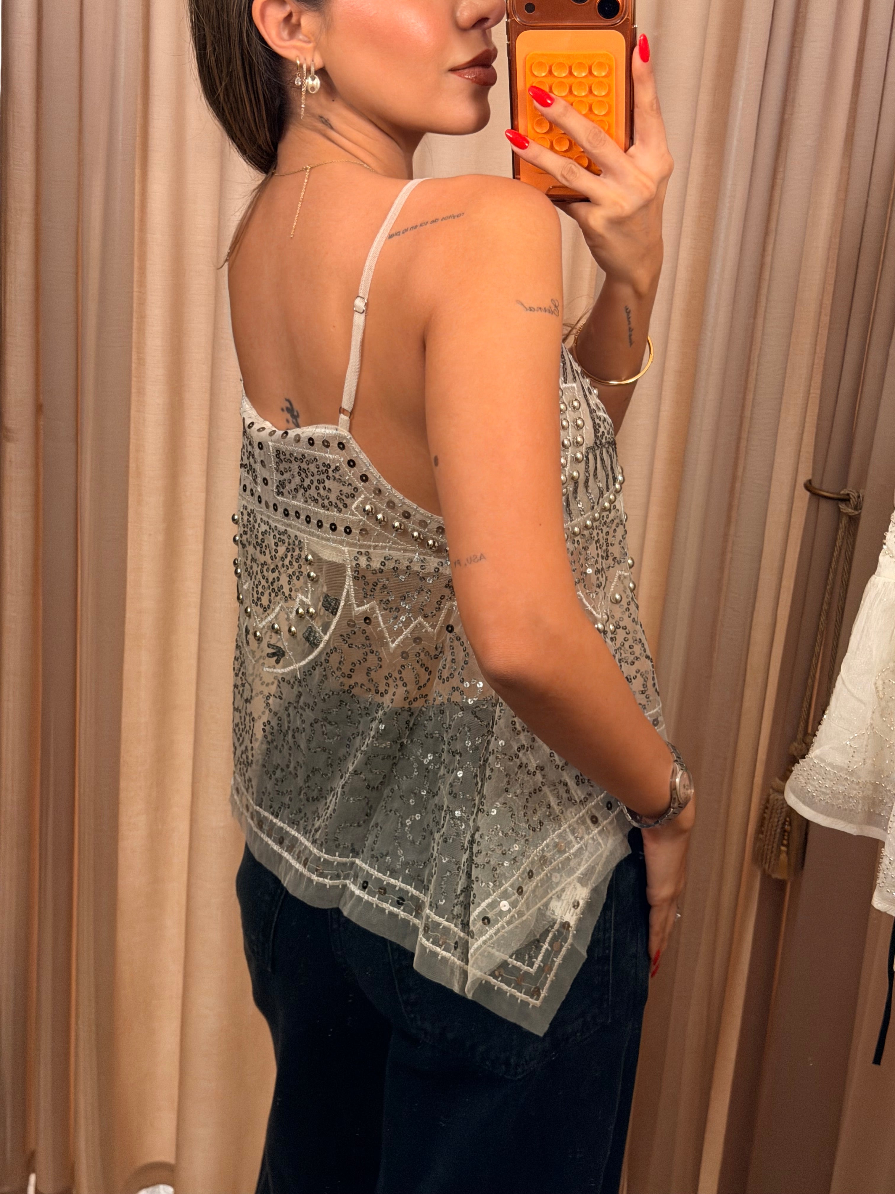 Sheer Embellished Cami Top - Ivory
