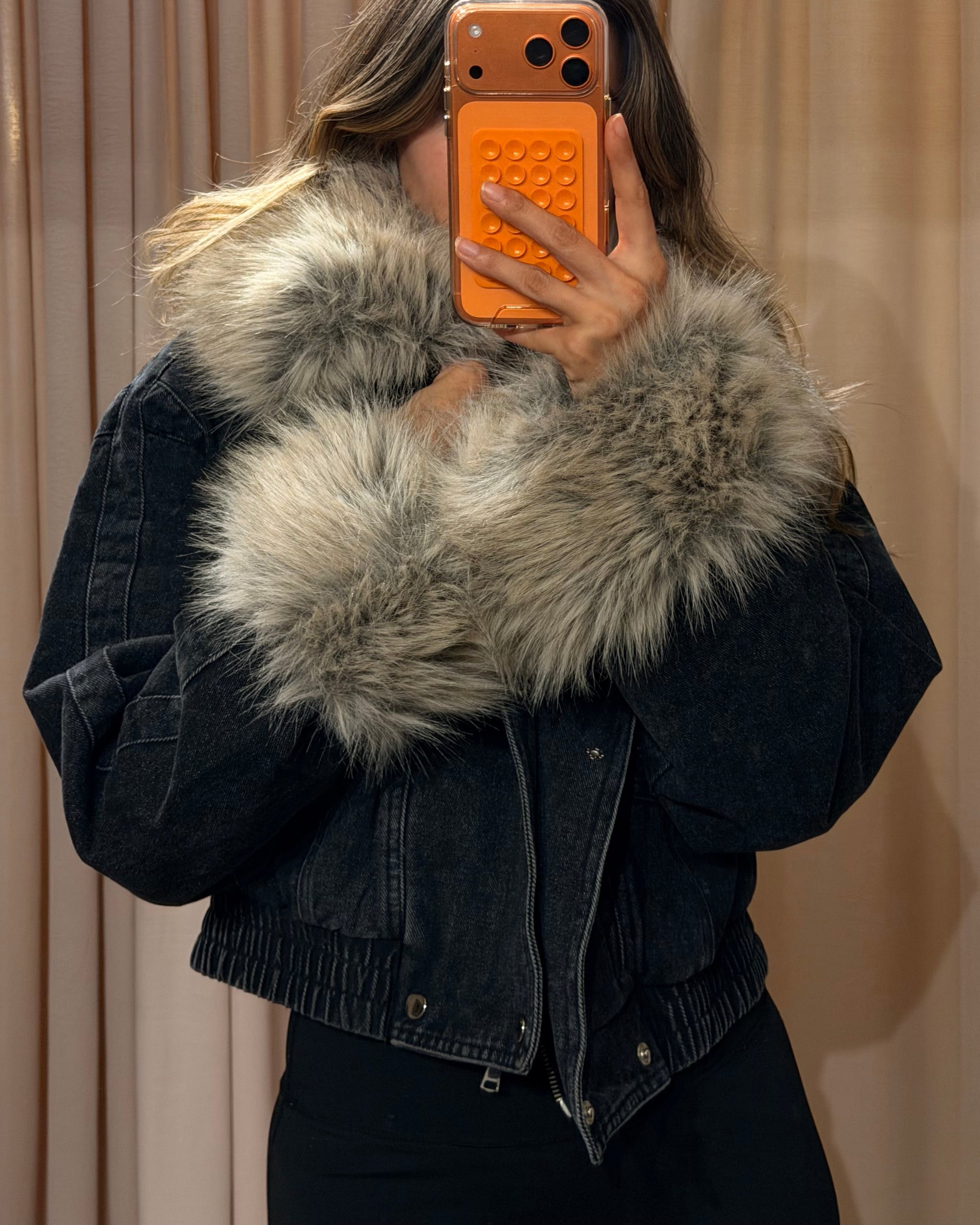 Faux Fur Denim Jacket - Black