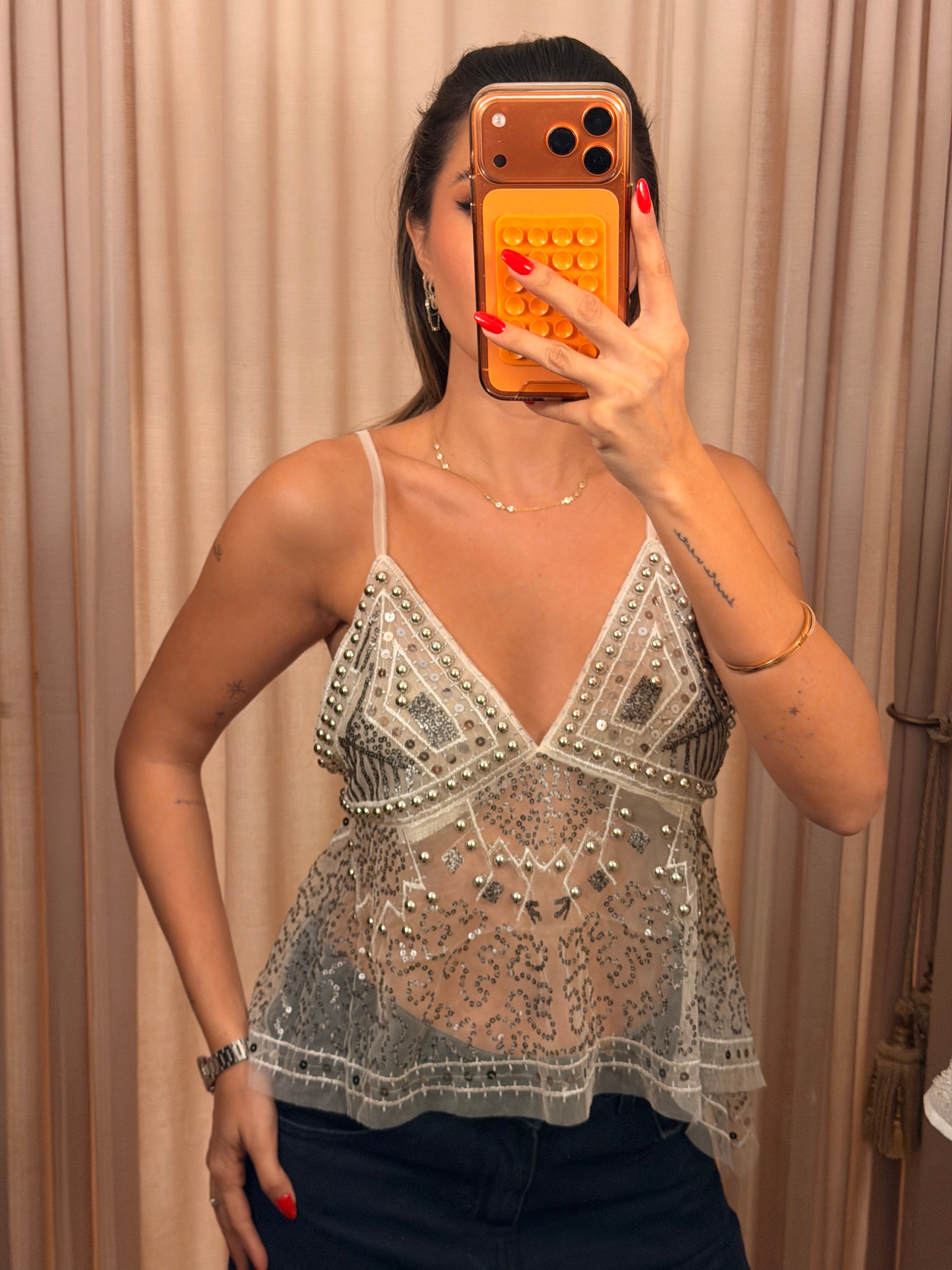 Sheer Embellished Cami Top - Ivory
