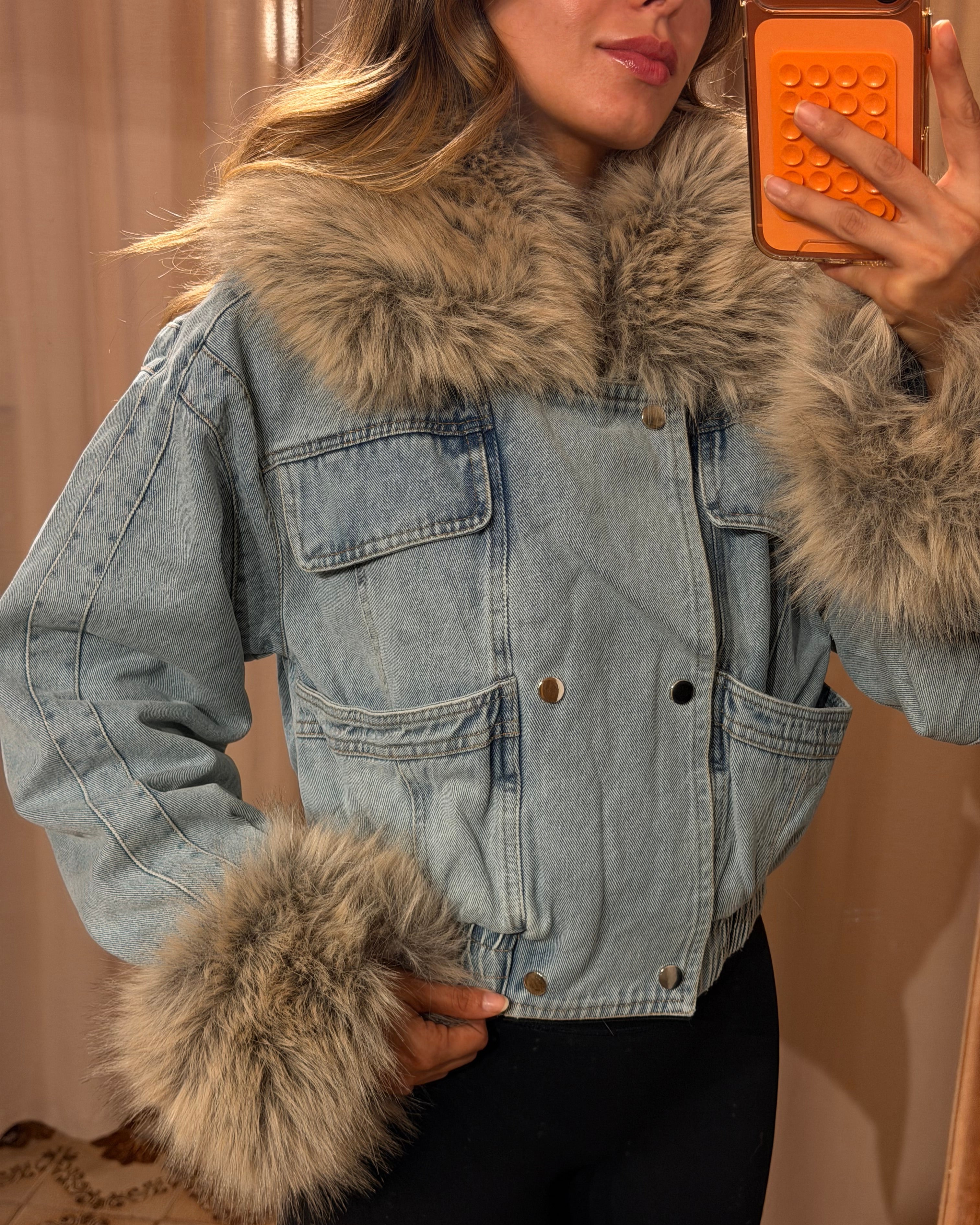 Faux Fur Denim Jacket - Light Denim