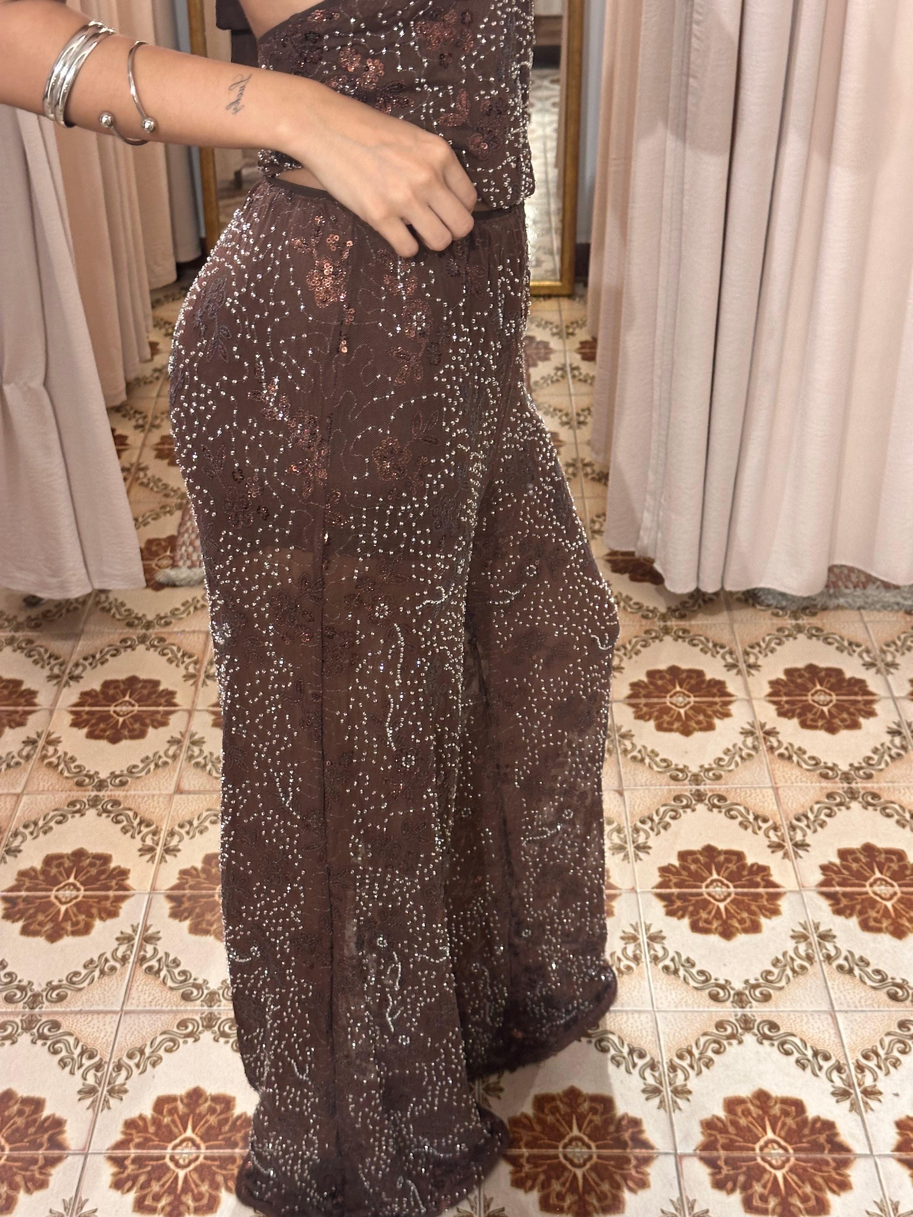 Pant Sequin Embroidery Brown