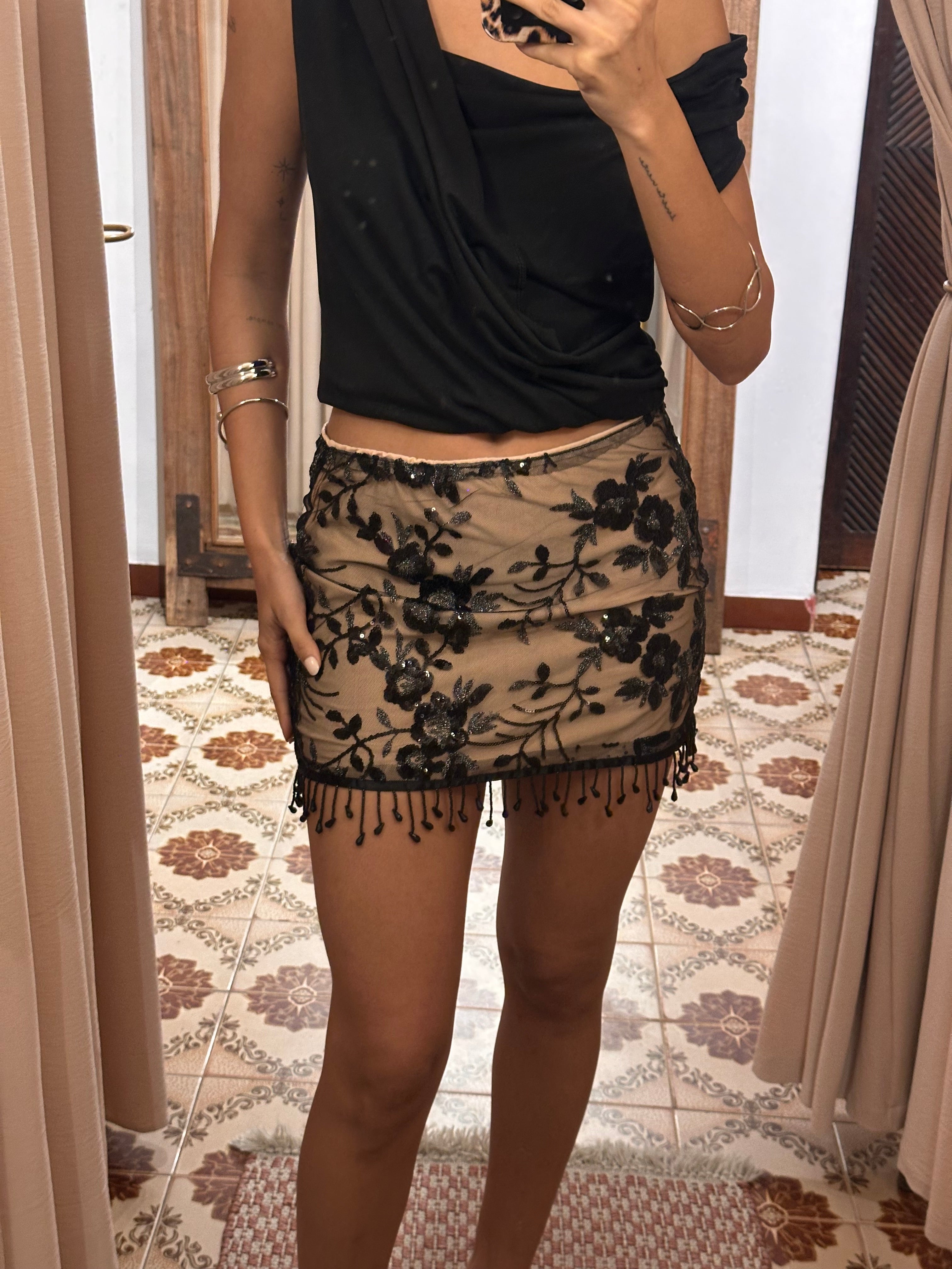 Beaded Mini Skirt Beige/Black