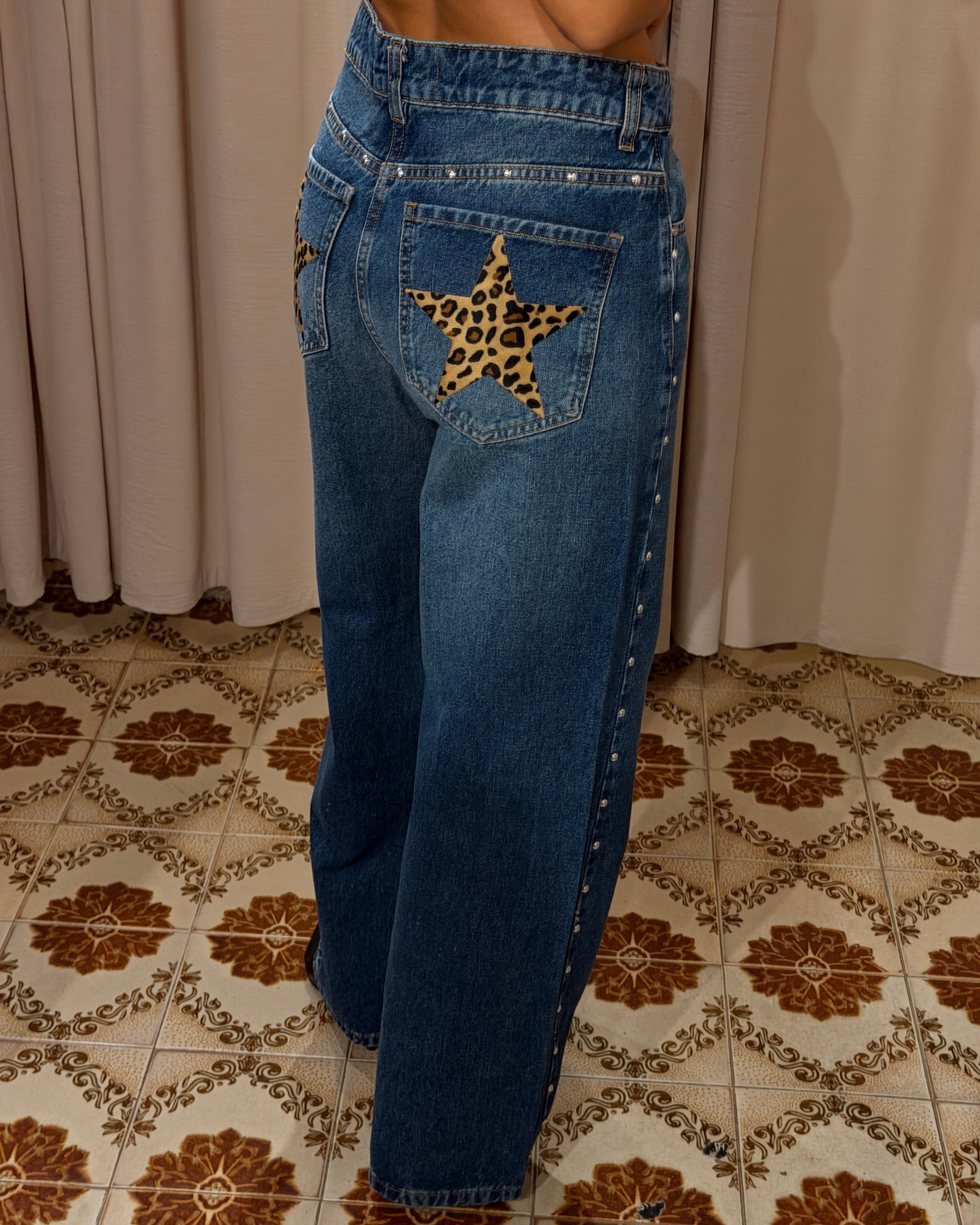 Leopard Star Stud Denim Pant