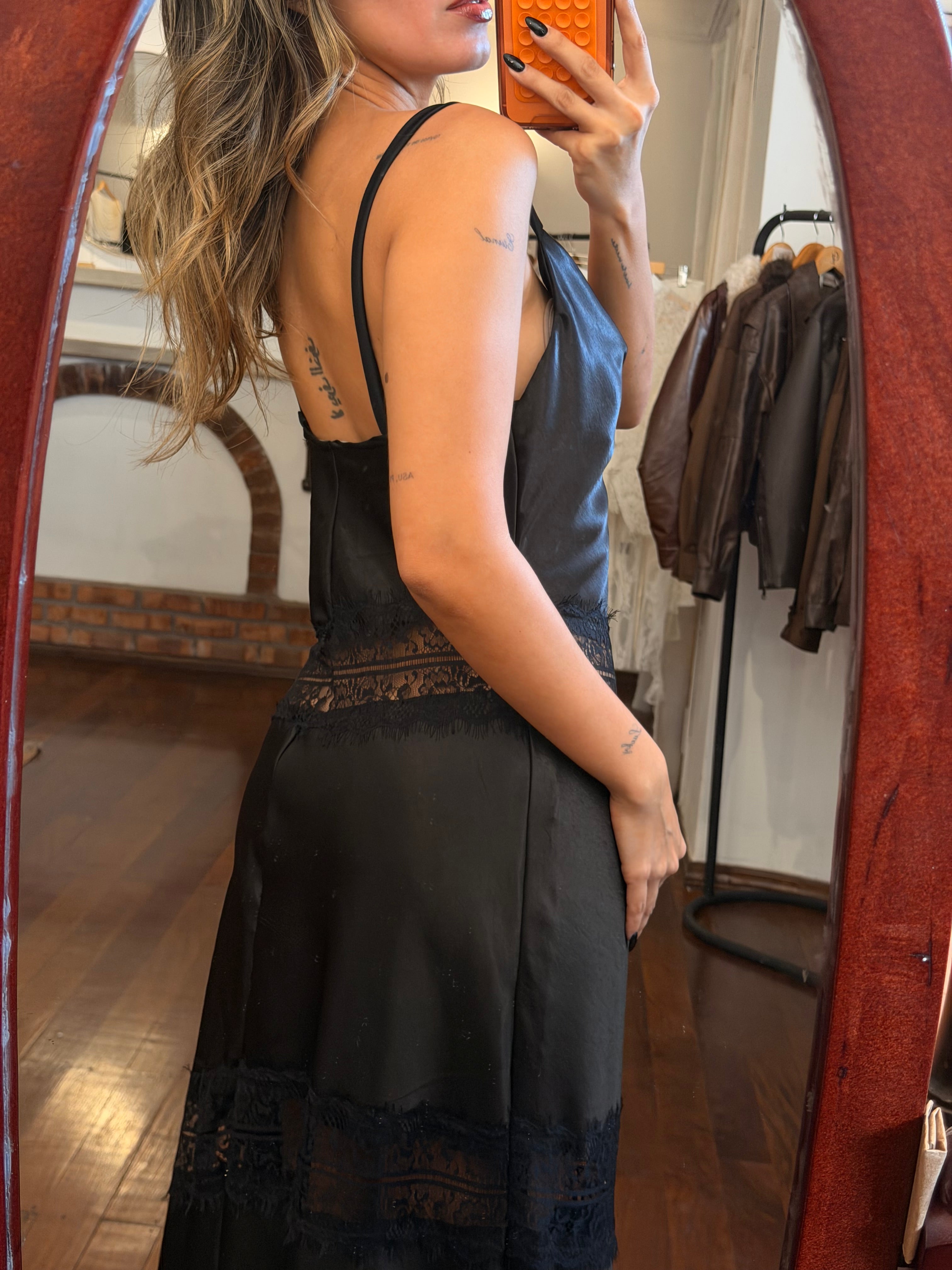Satin Lace Maxi Dress - Black