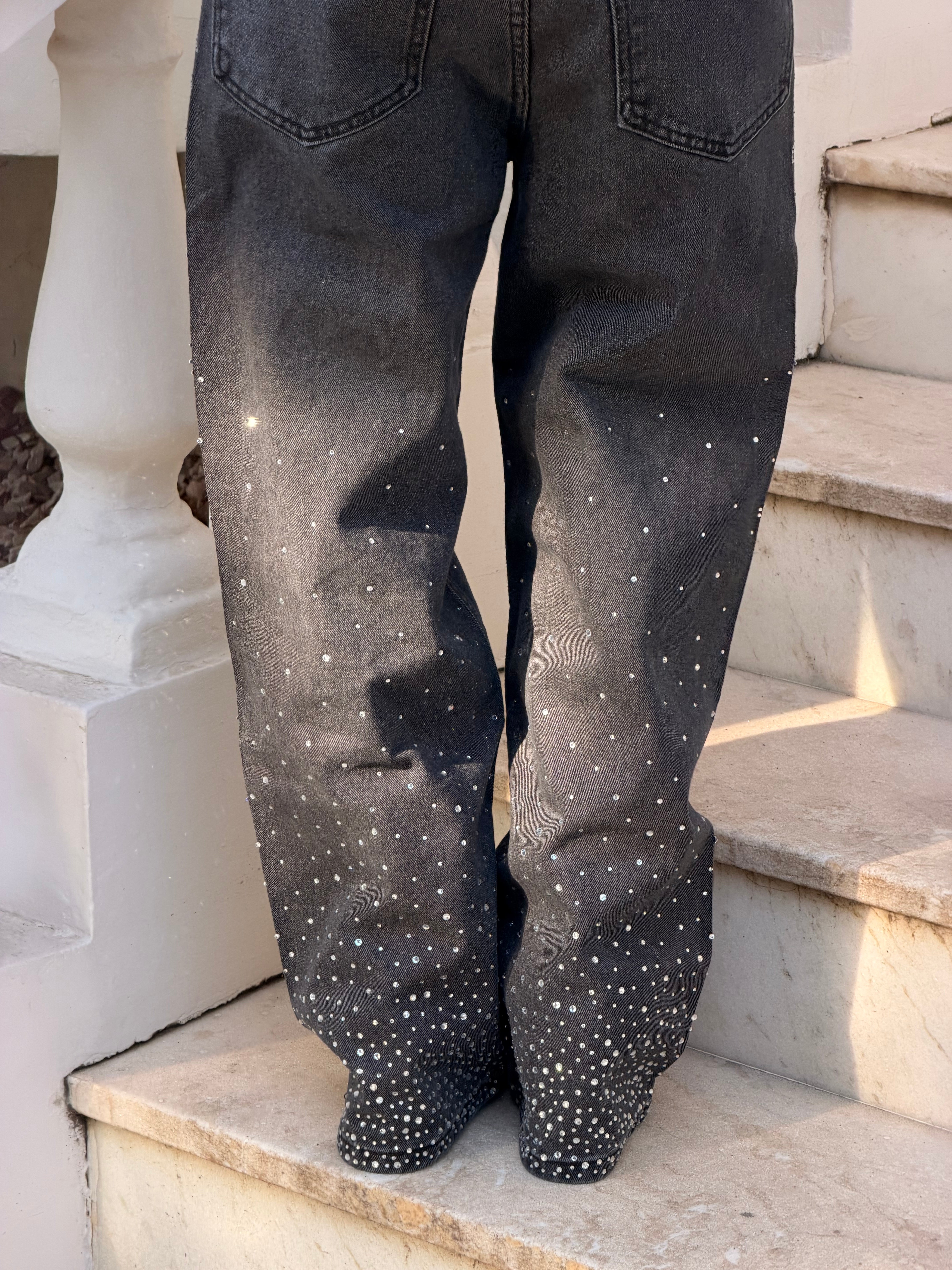 Rhinestone Wide Leg Jeans - Black