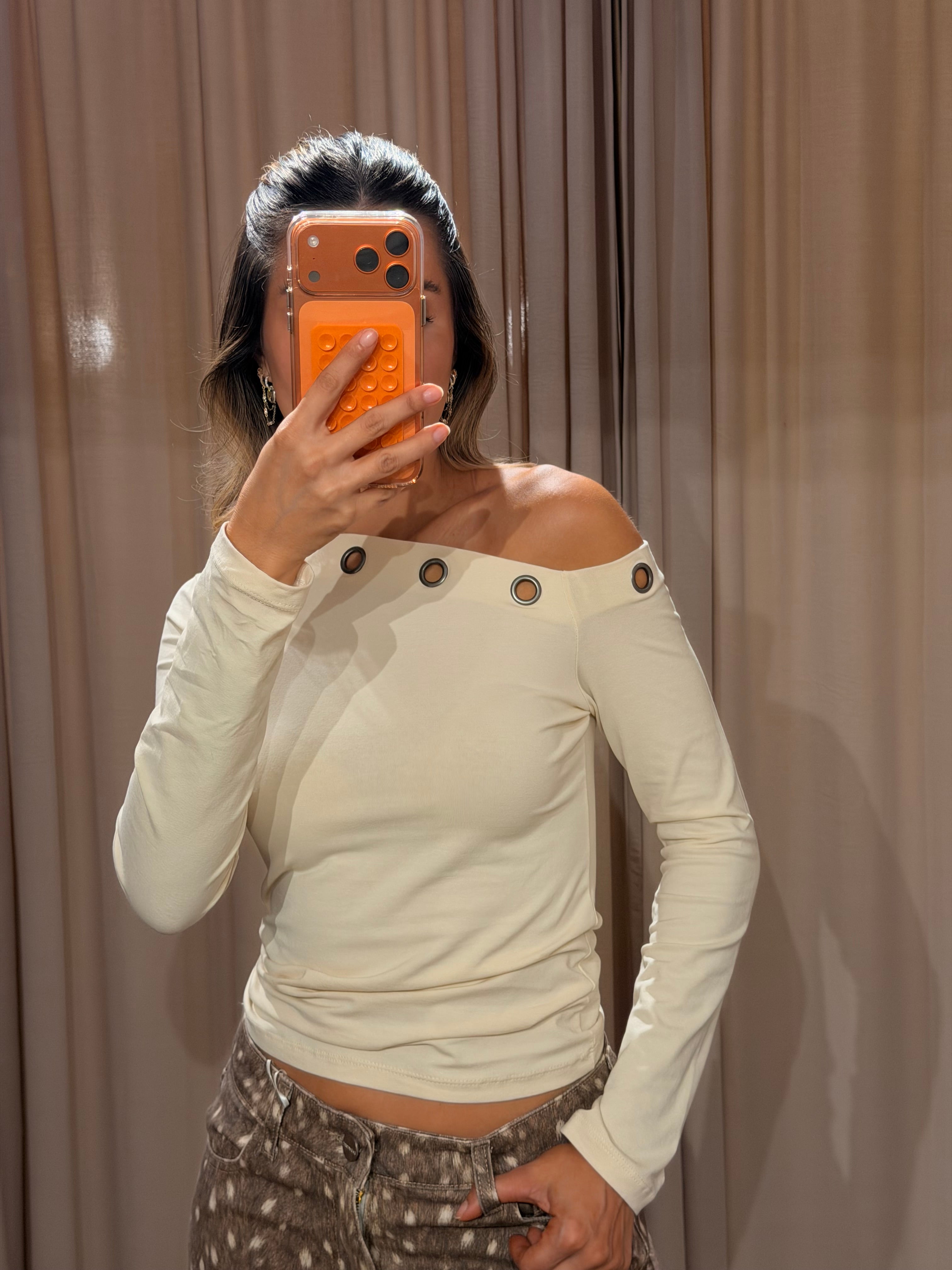 Hollow Out One Shoulder Top - Beige