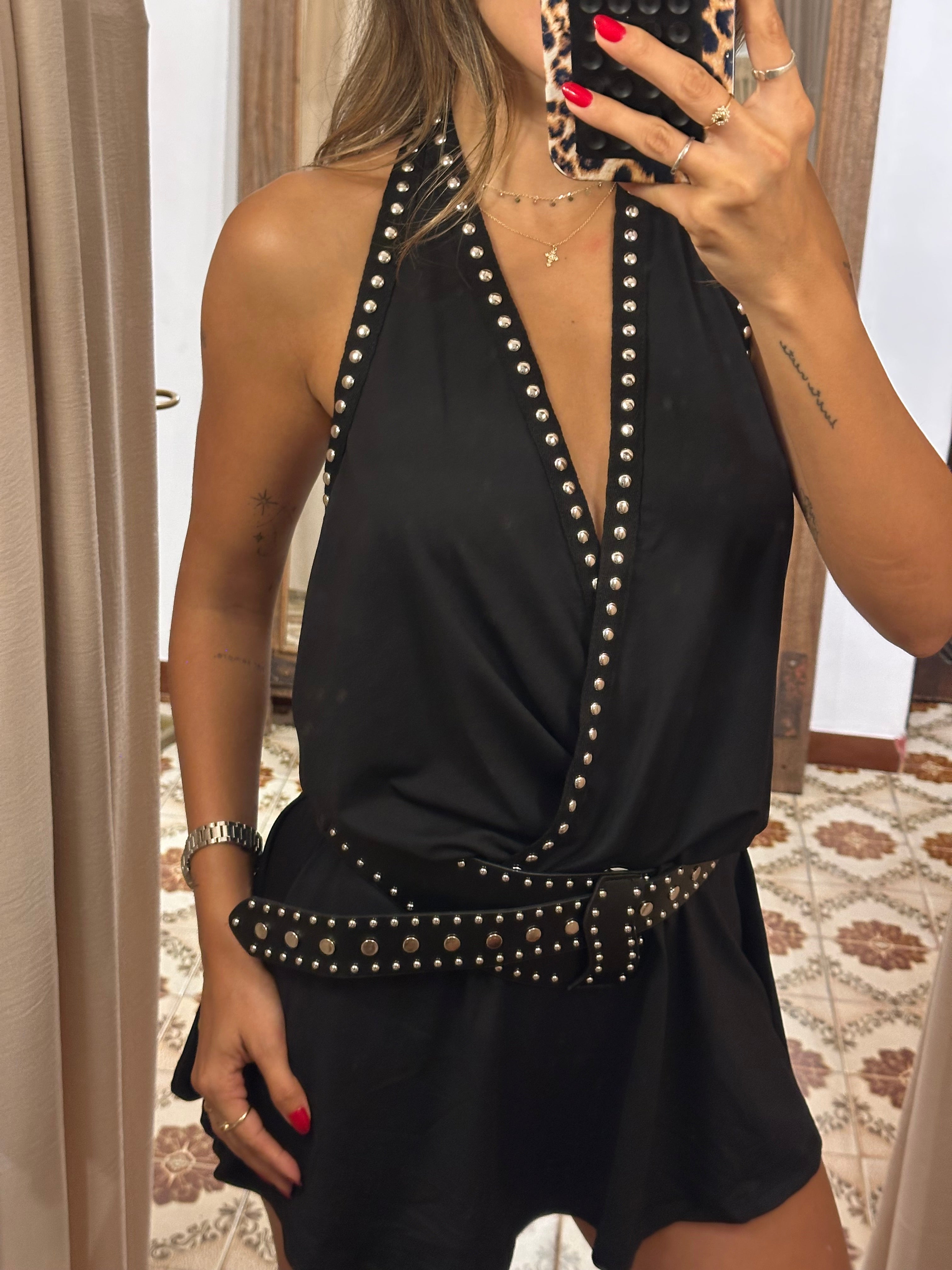 Stud Cowl Neck Mini Dress