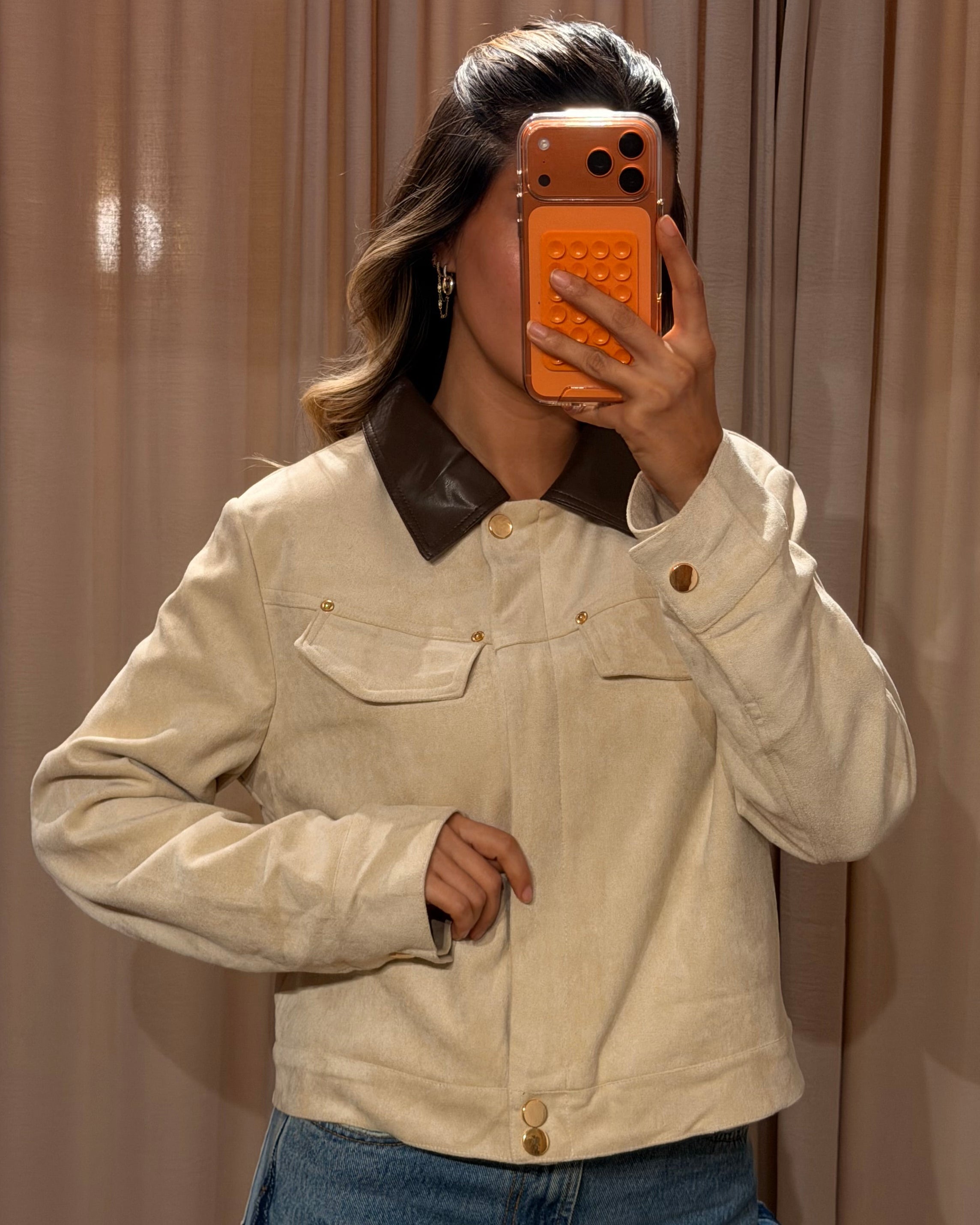Collar Suede Jacket - Beige