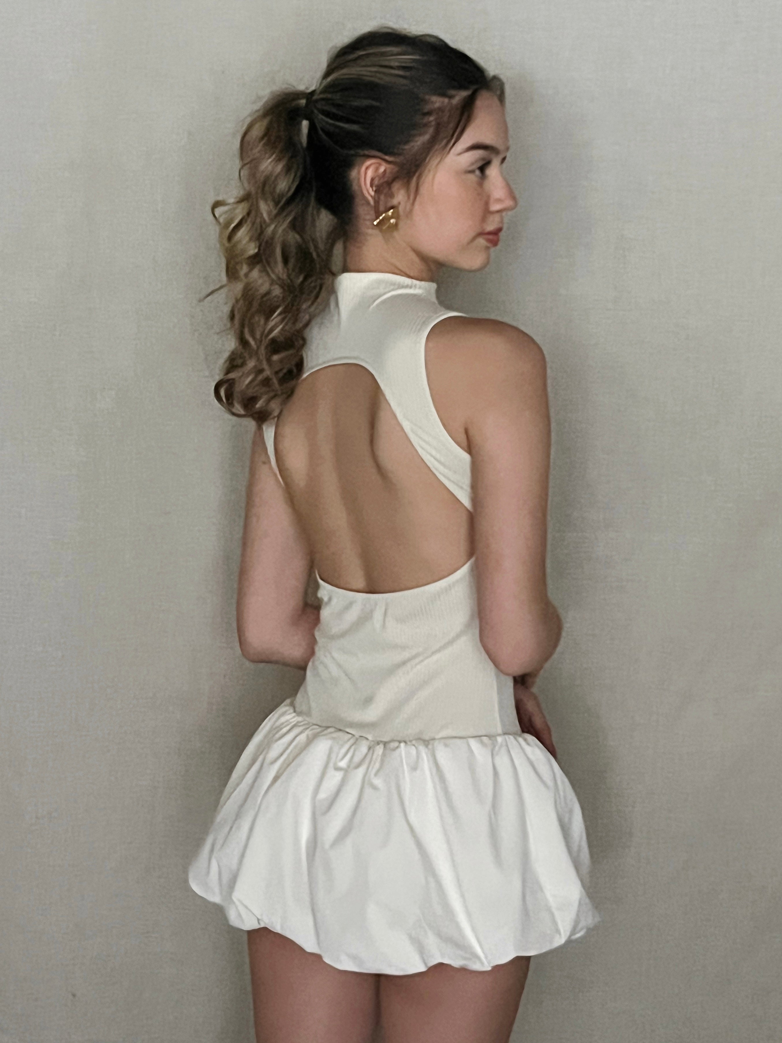 Open Back Bubble Mini Dress - White