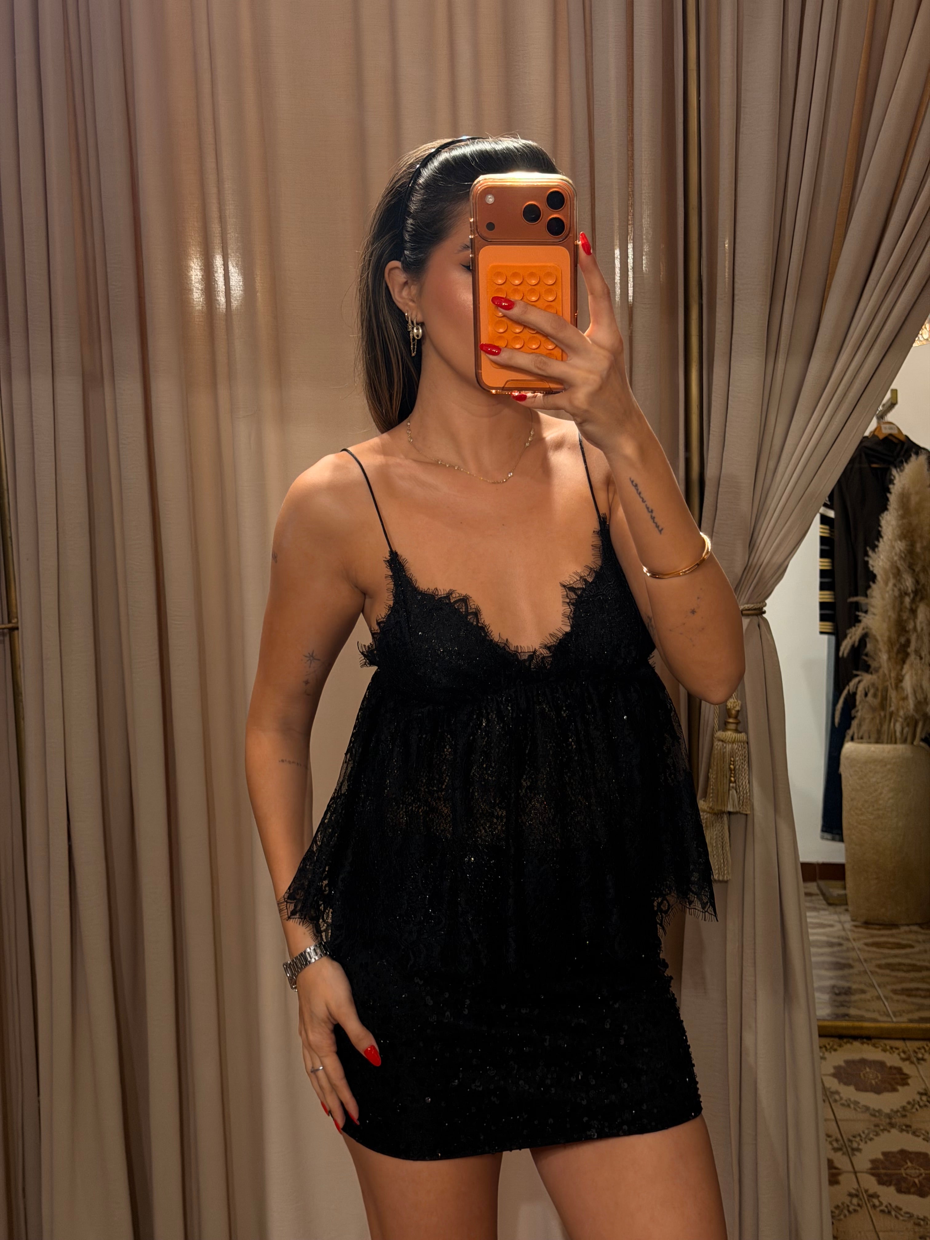 Sequin Lace Cami Top - Black