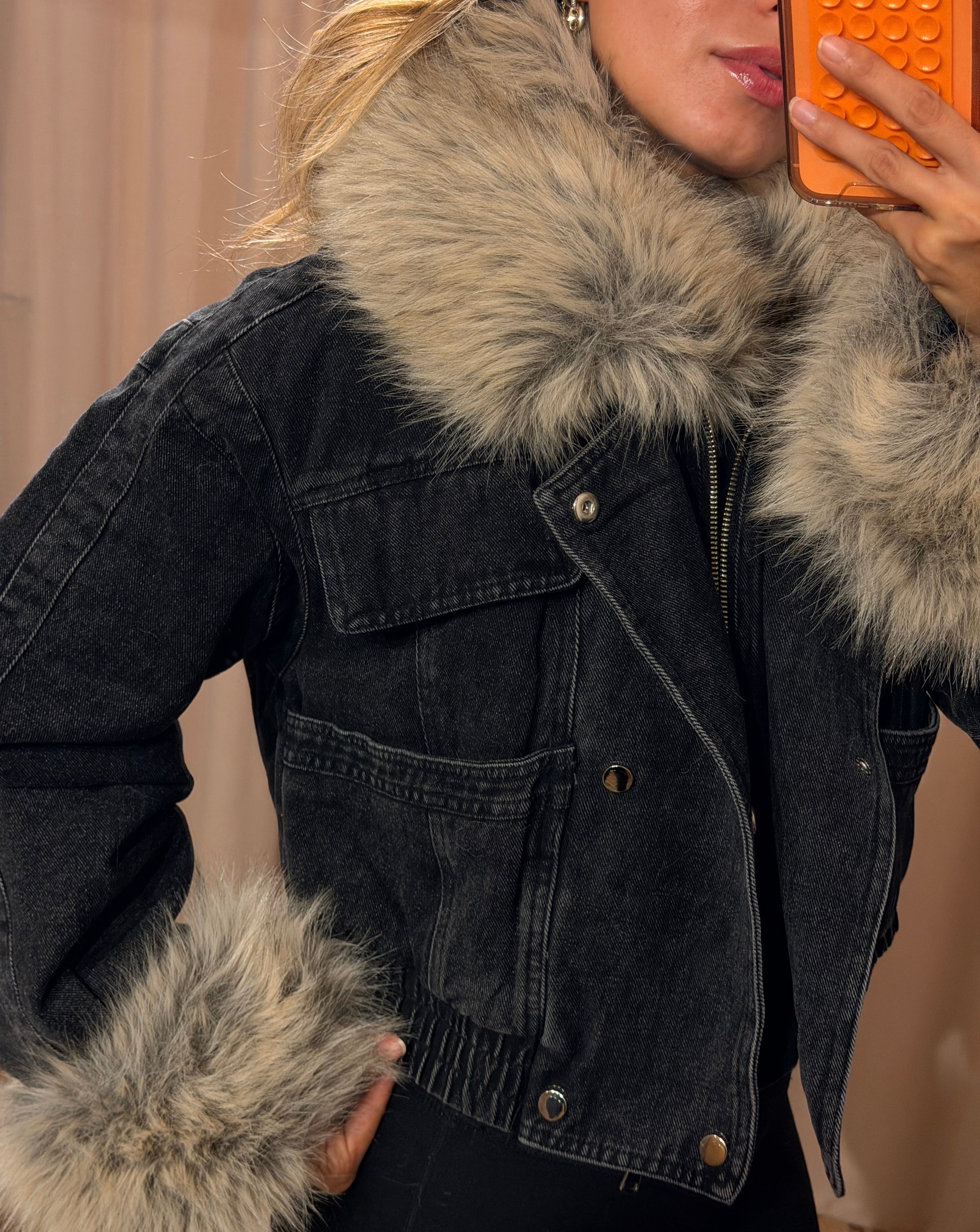 Faux Fur Denim Jacket - Black