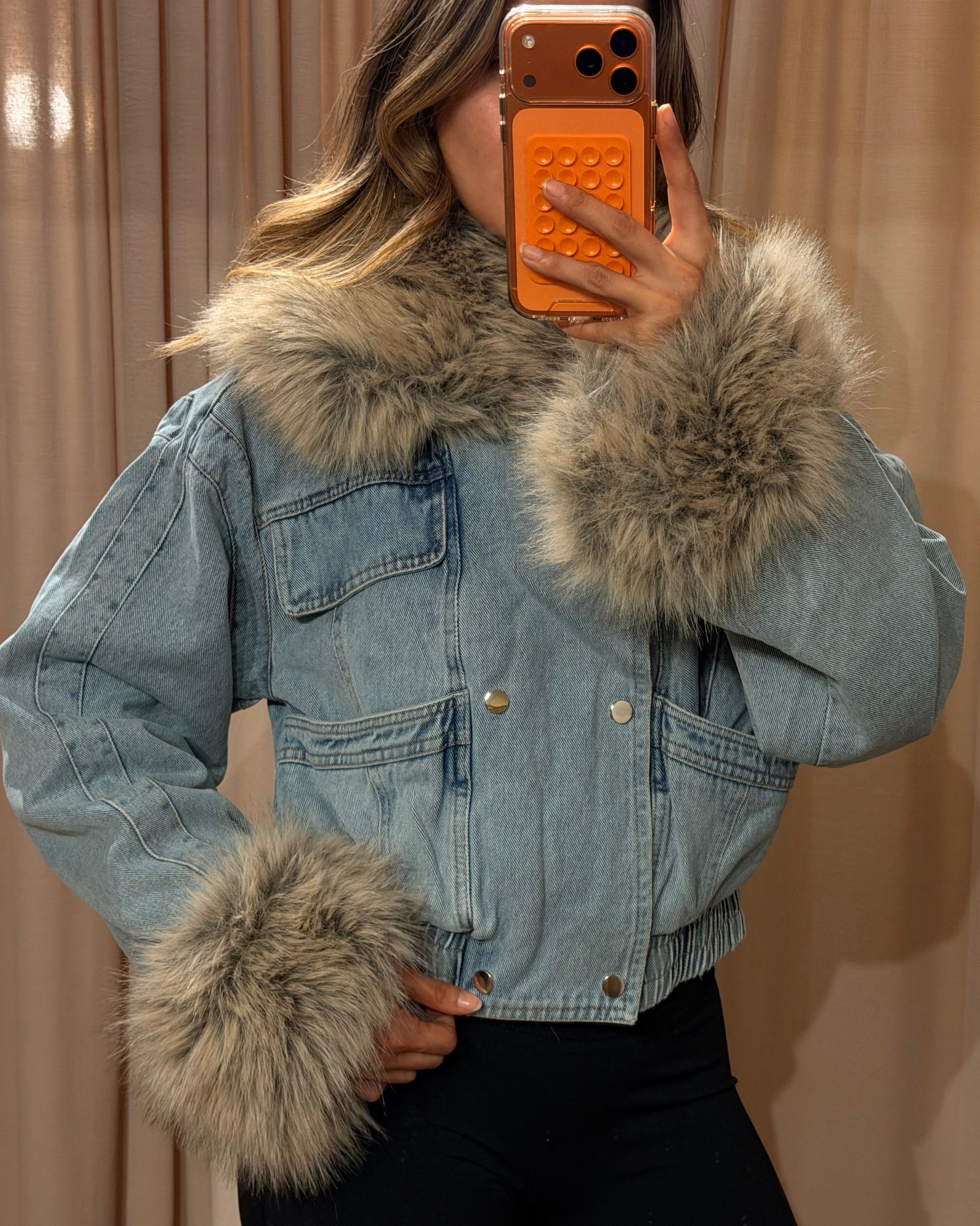 Faux Fur Denim Jacket - Light Denim