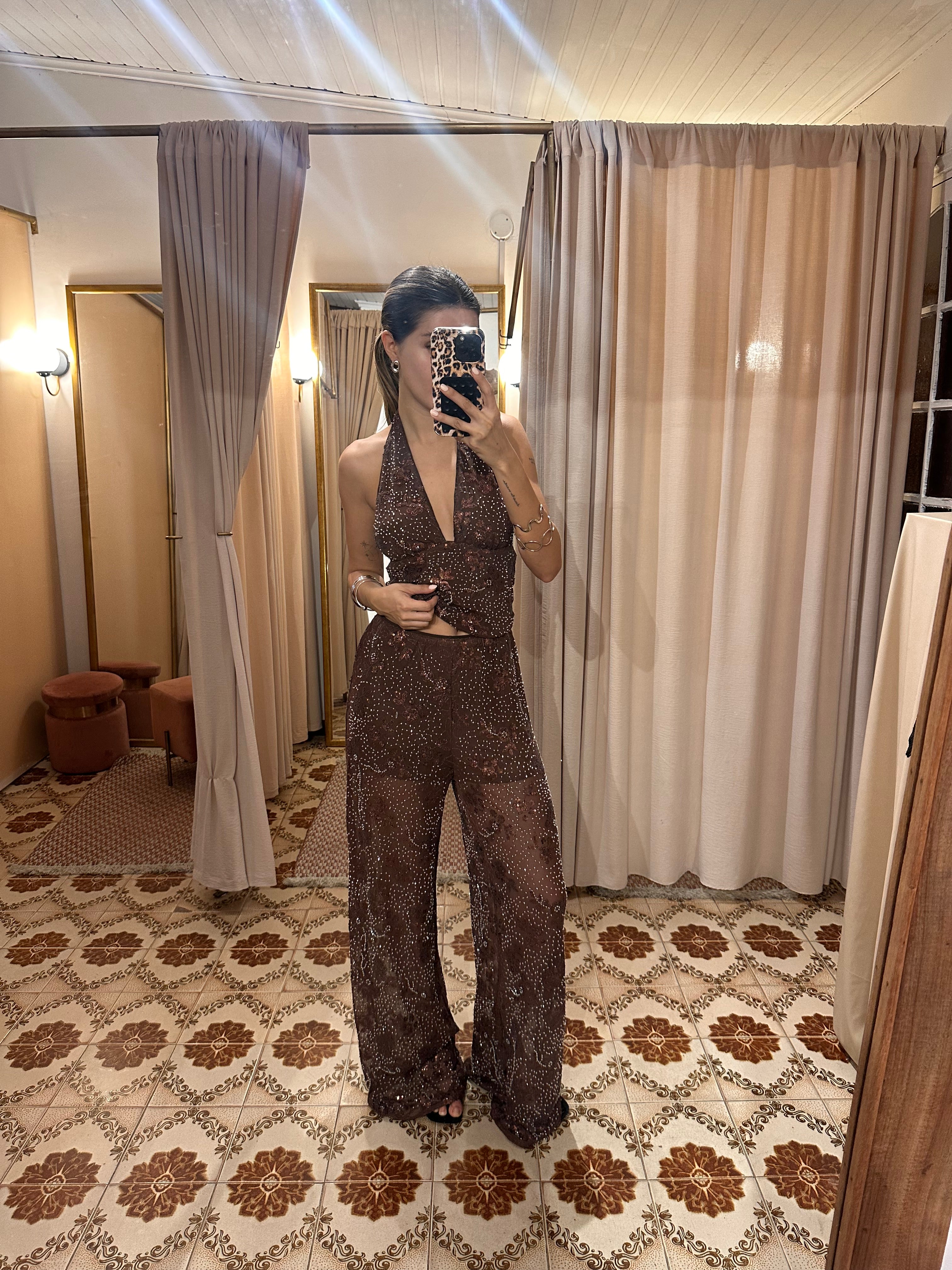 Pant Sequin Embroidery Brown