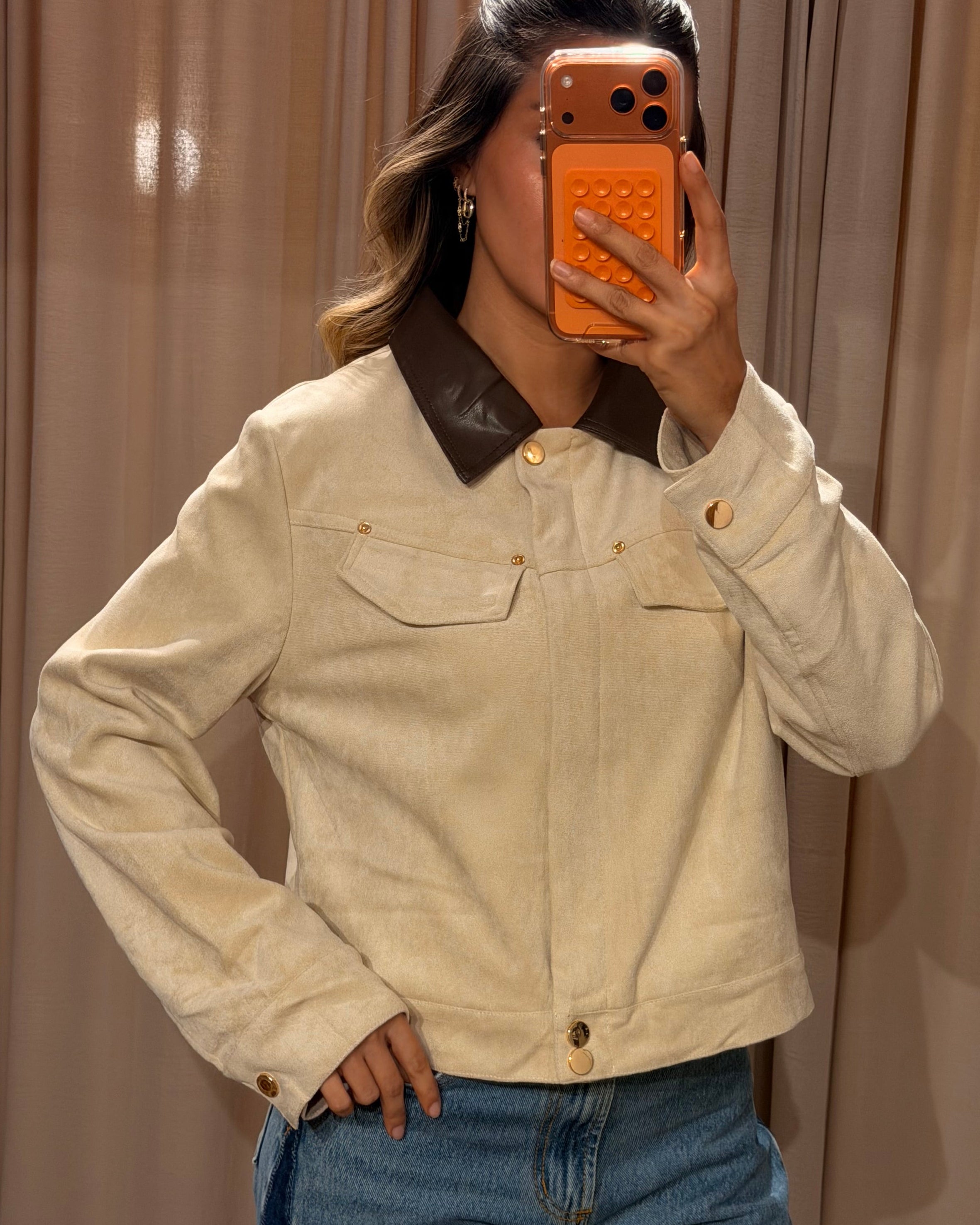 Collar Suede Jacket - Beige
