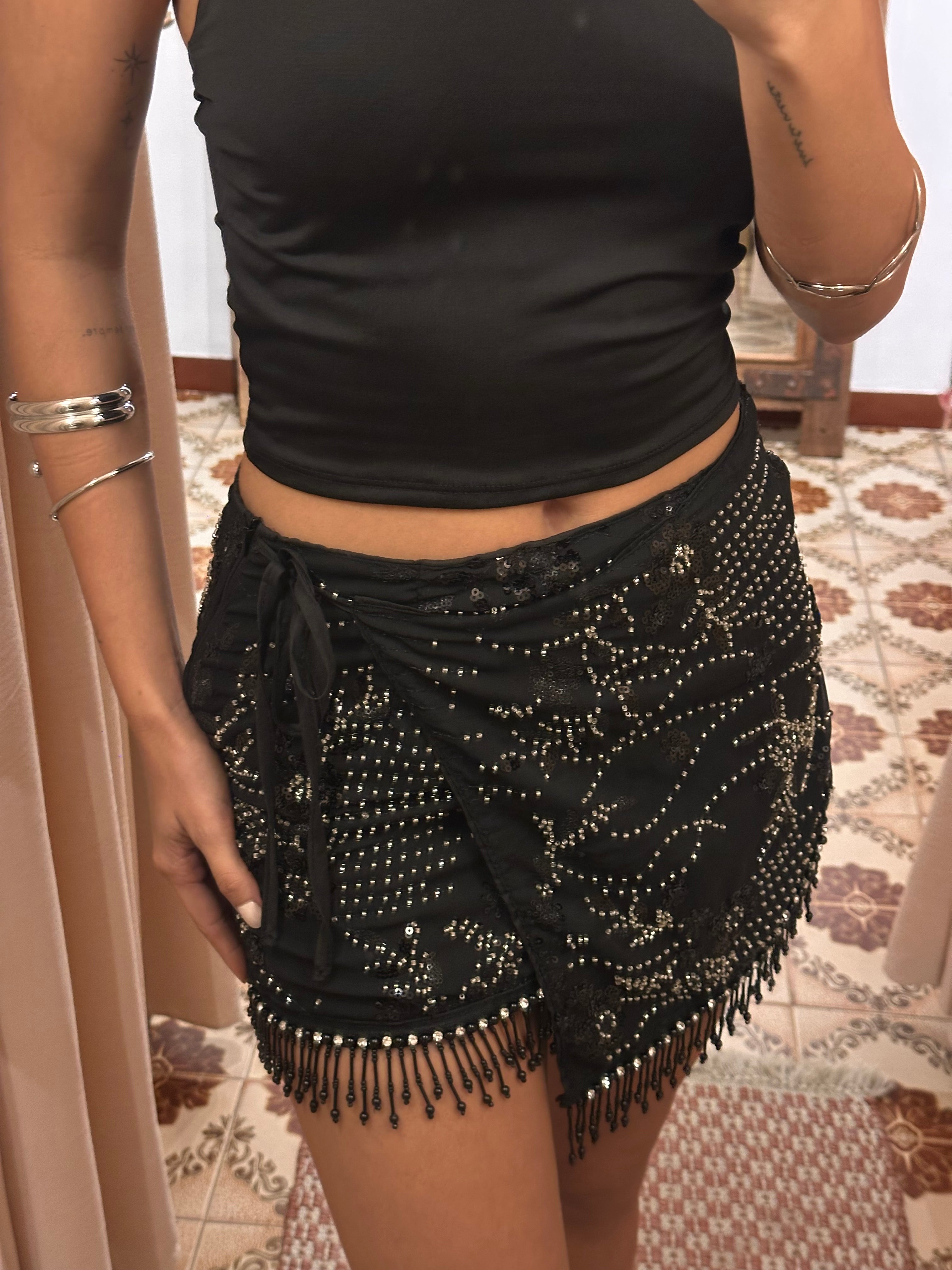 Beaded Sequin Tassel Wrap Mini Skirt