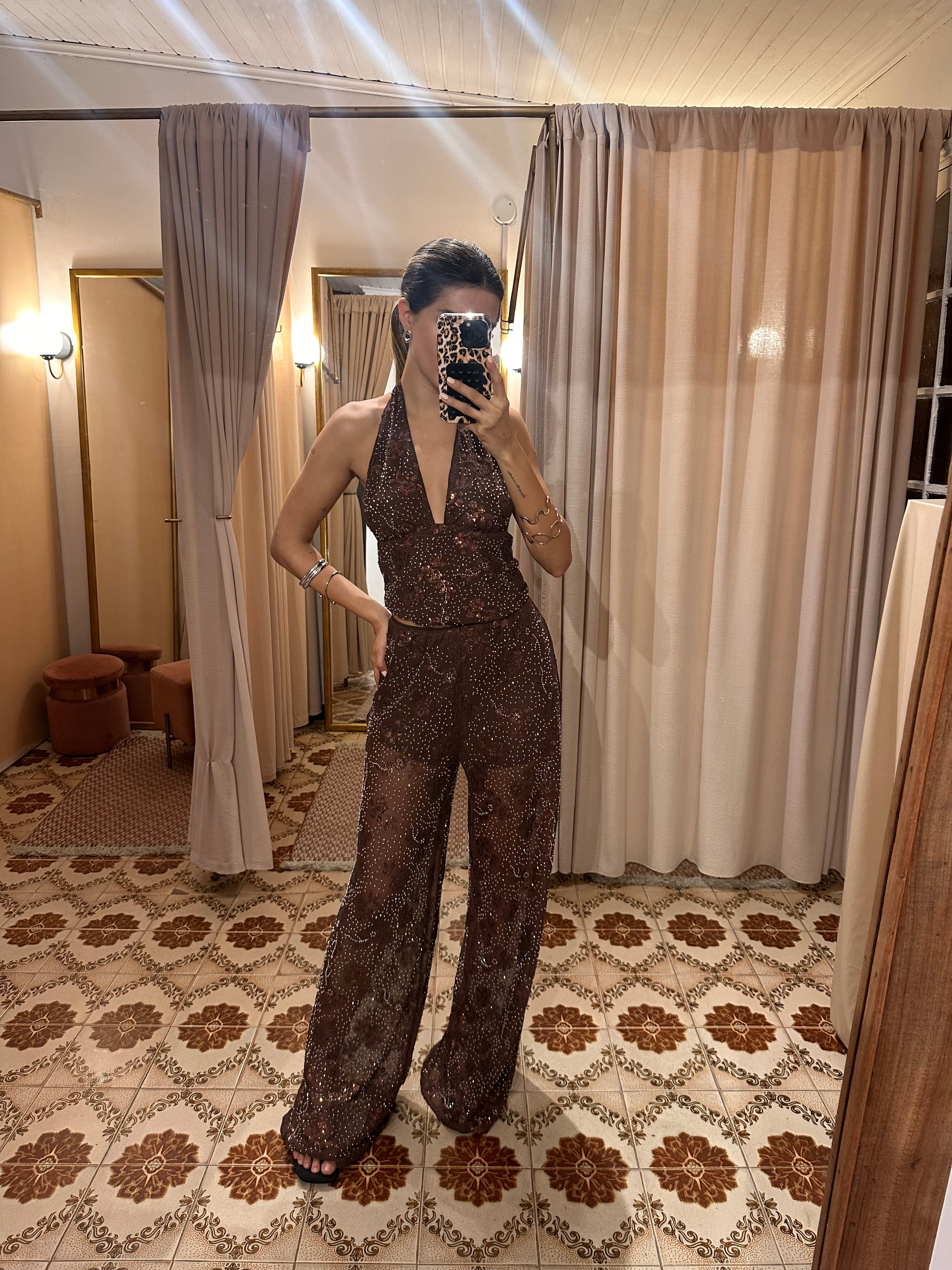 Pant Sequin Embroidery Brown