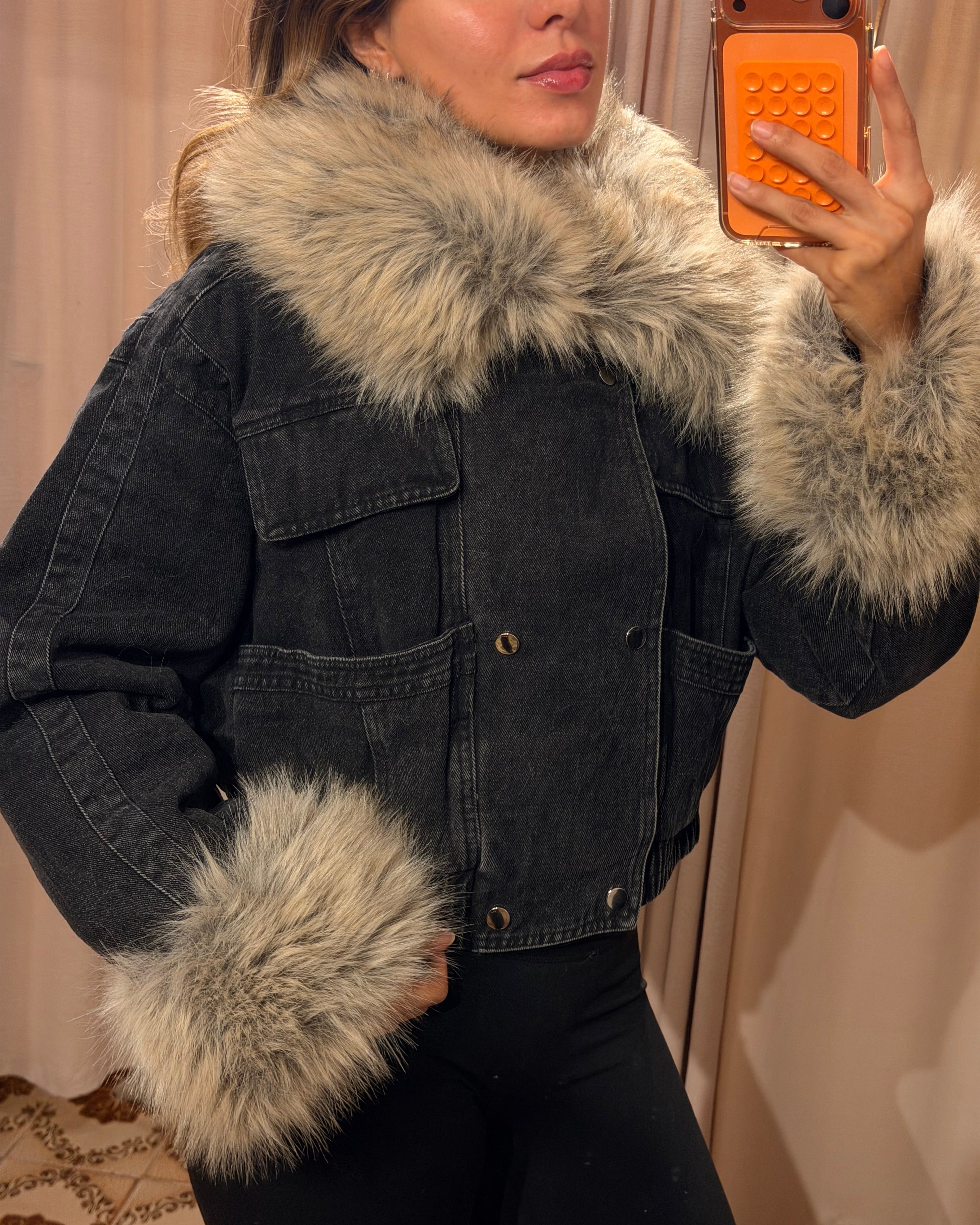 Faux Fur Denim Jacket - Black