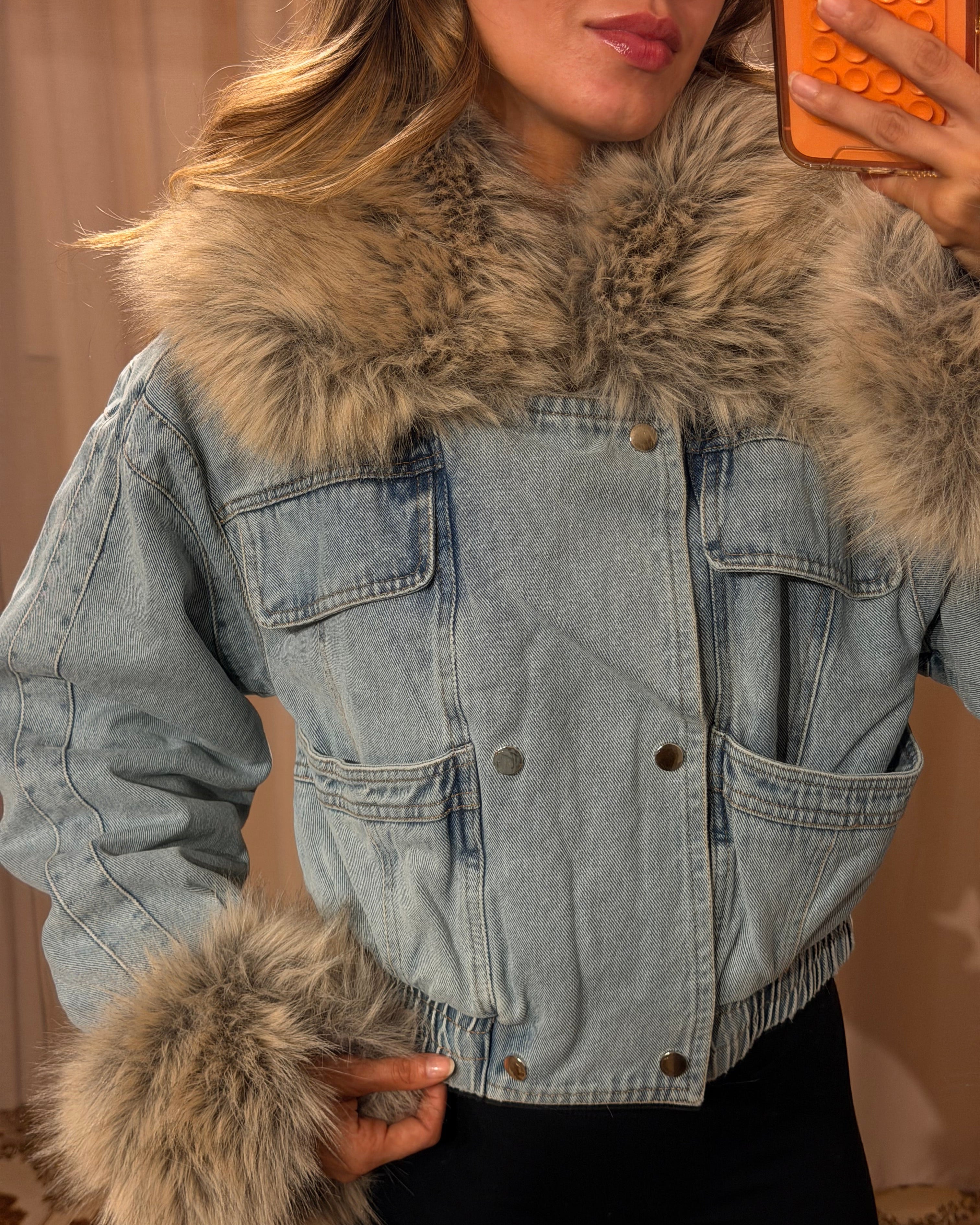 Faux Fur Denim Jacket - Light Denim