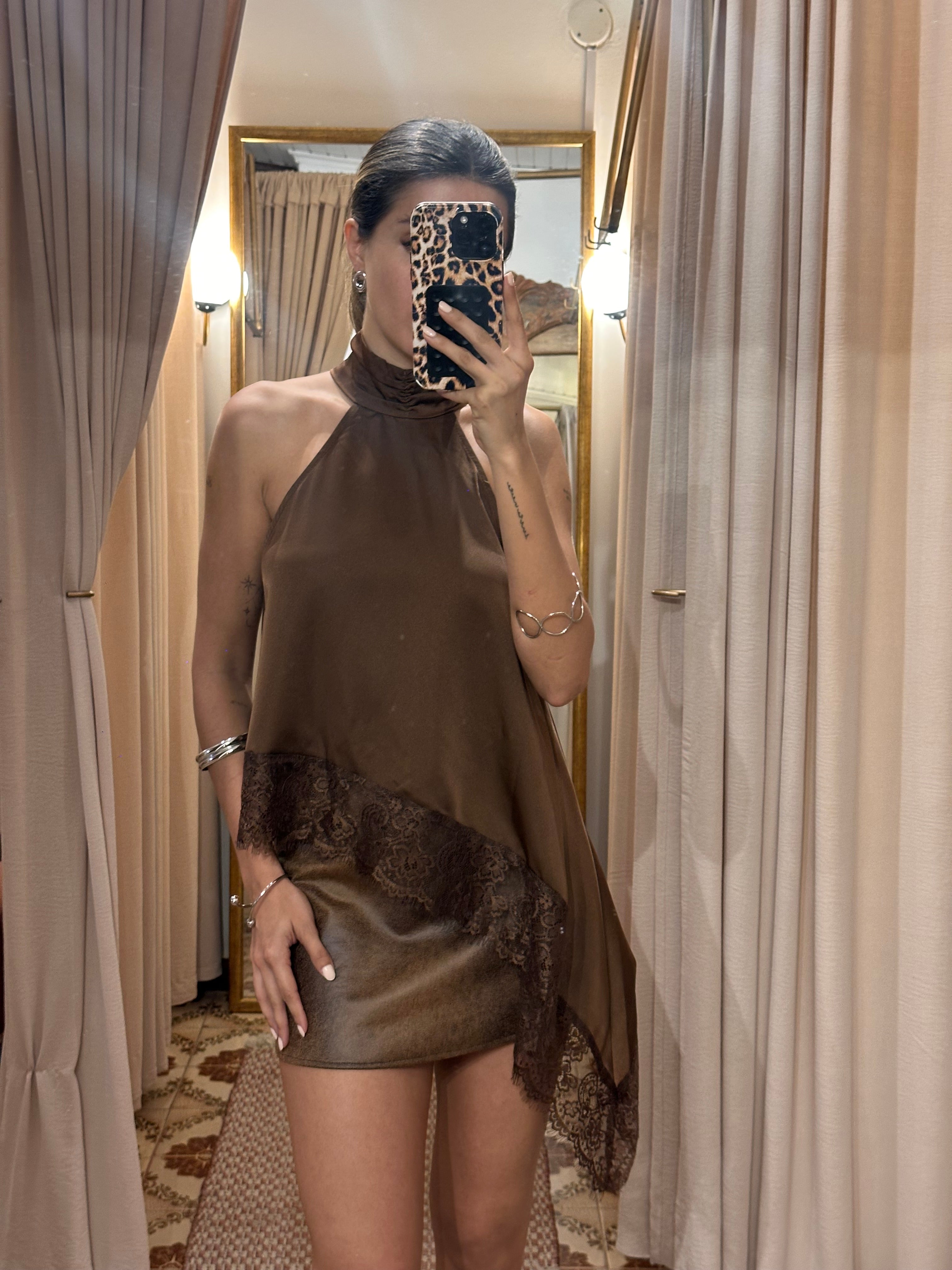 Asymmetrical Lace Top - Brown