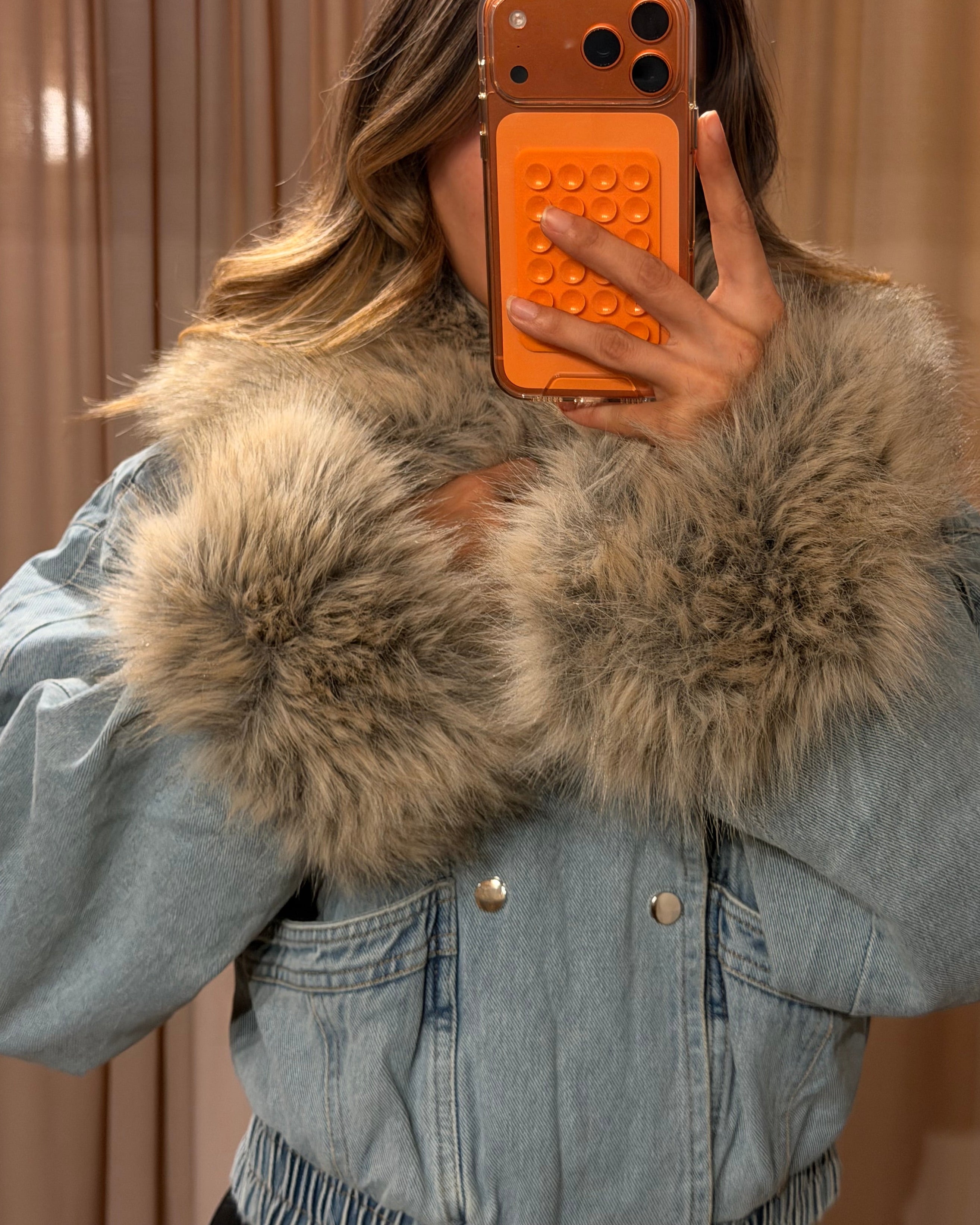 Faux Fur Denim Jacket - Light Denim