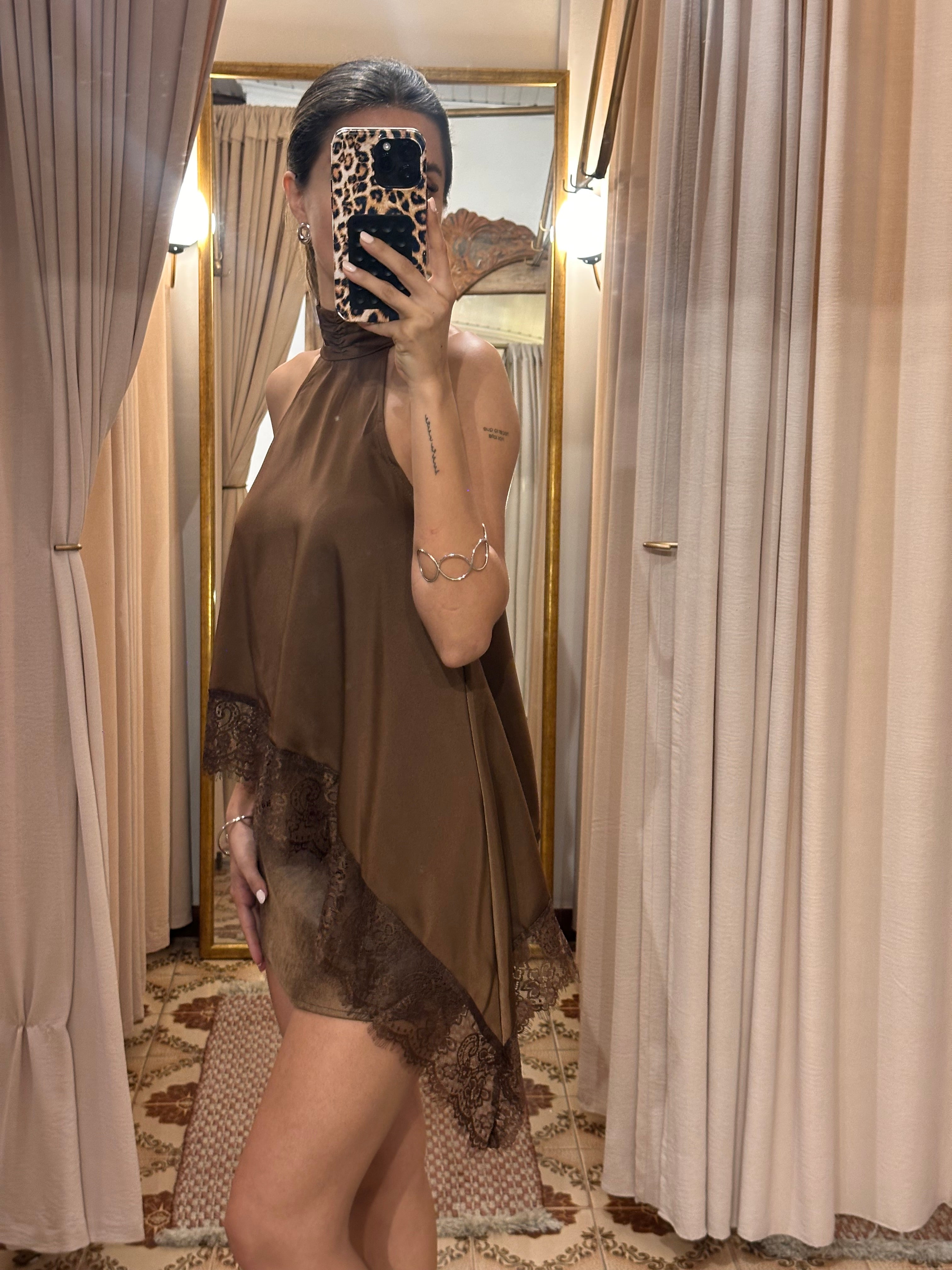 Asymmetrical Lace Top - Brown