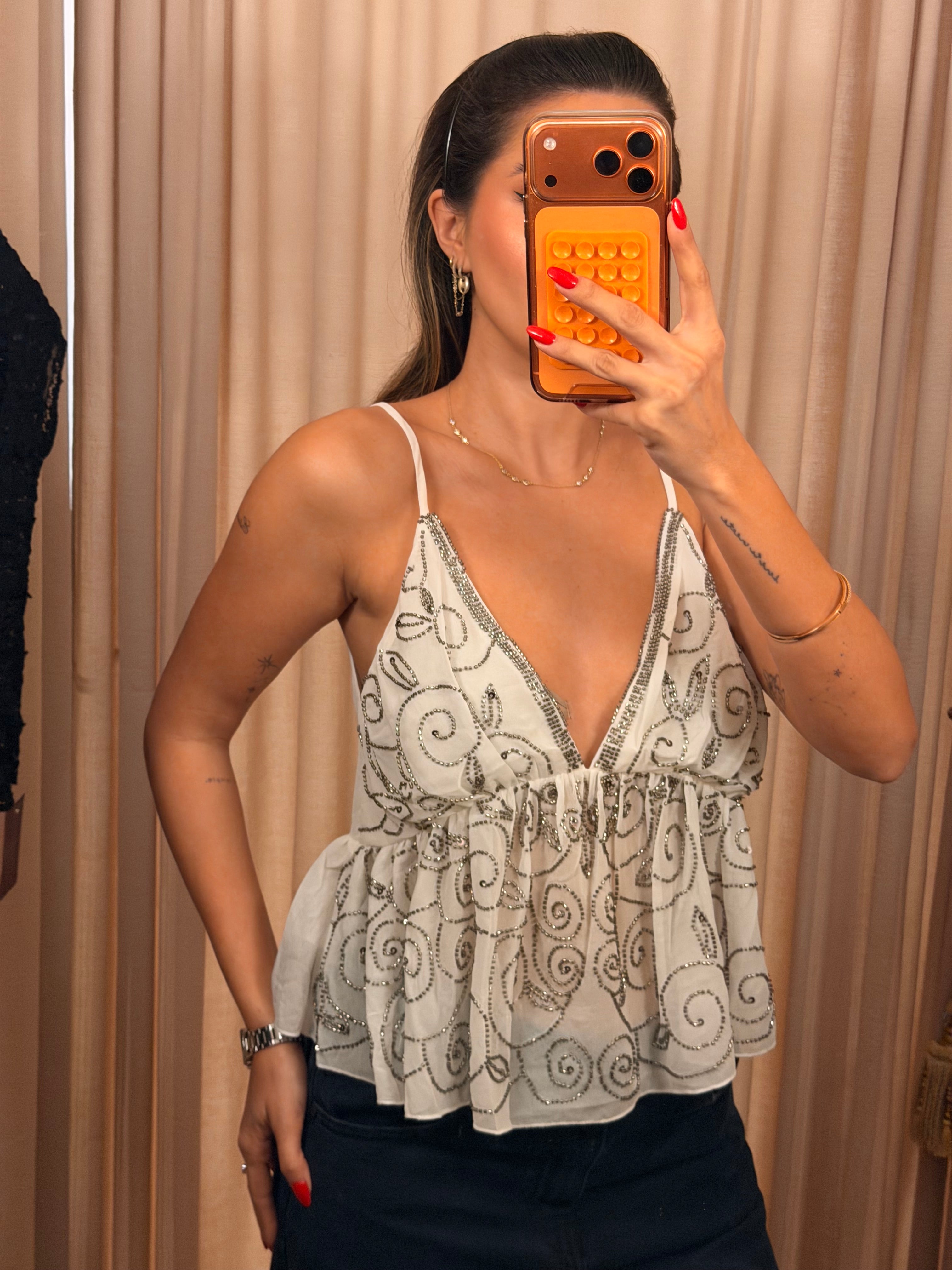 Swirl Embellished Top - Ivory