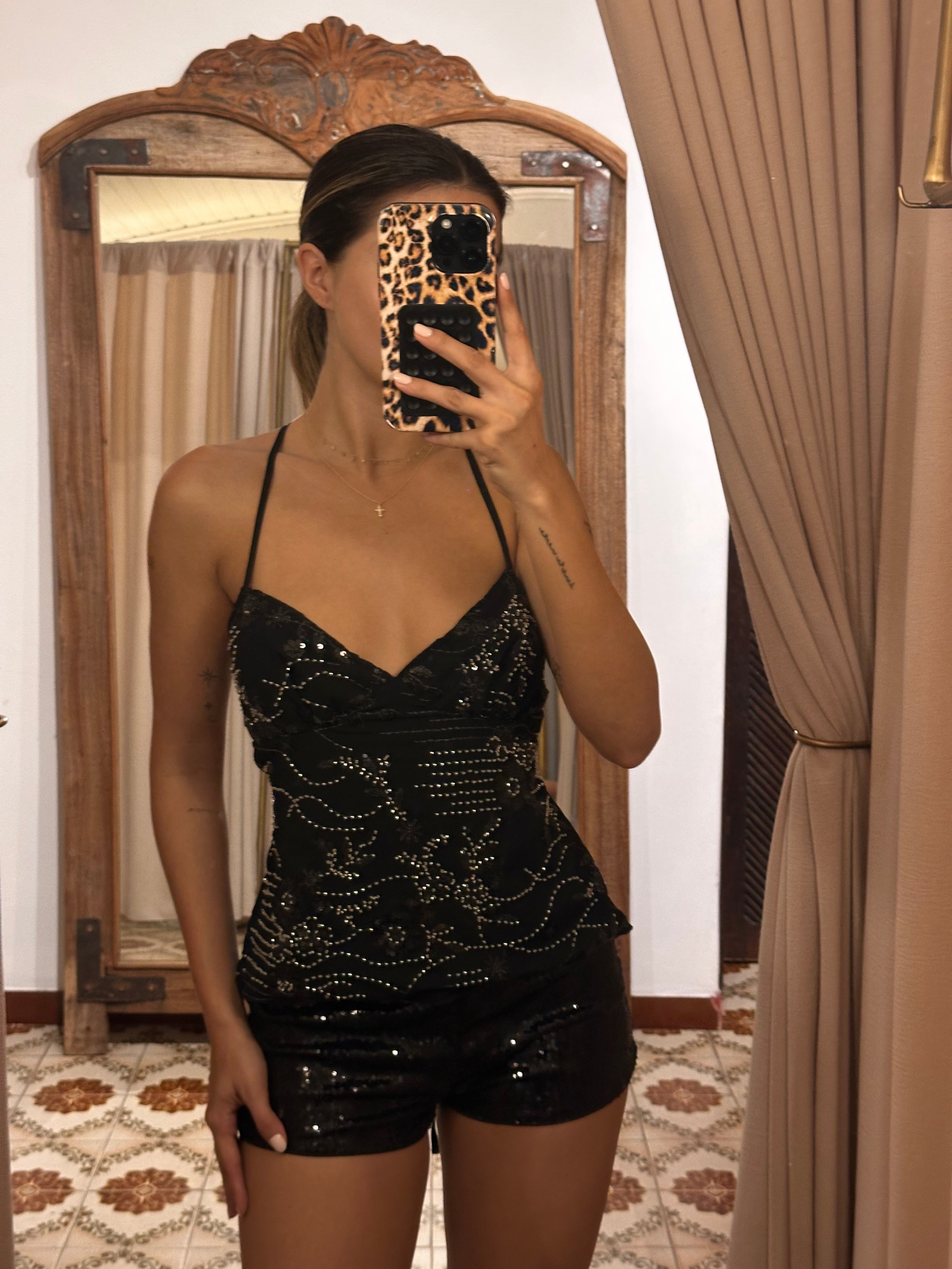 Beaded Embroidery Top Open Back