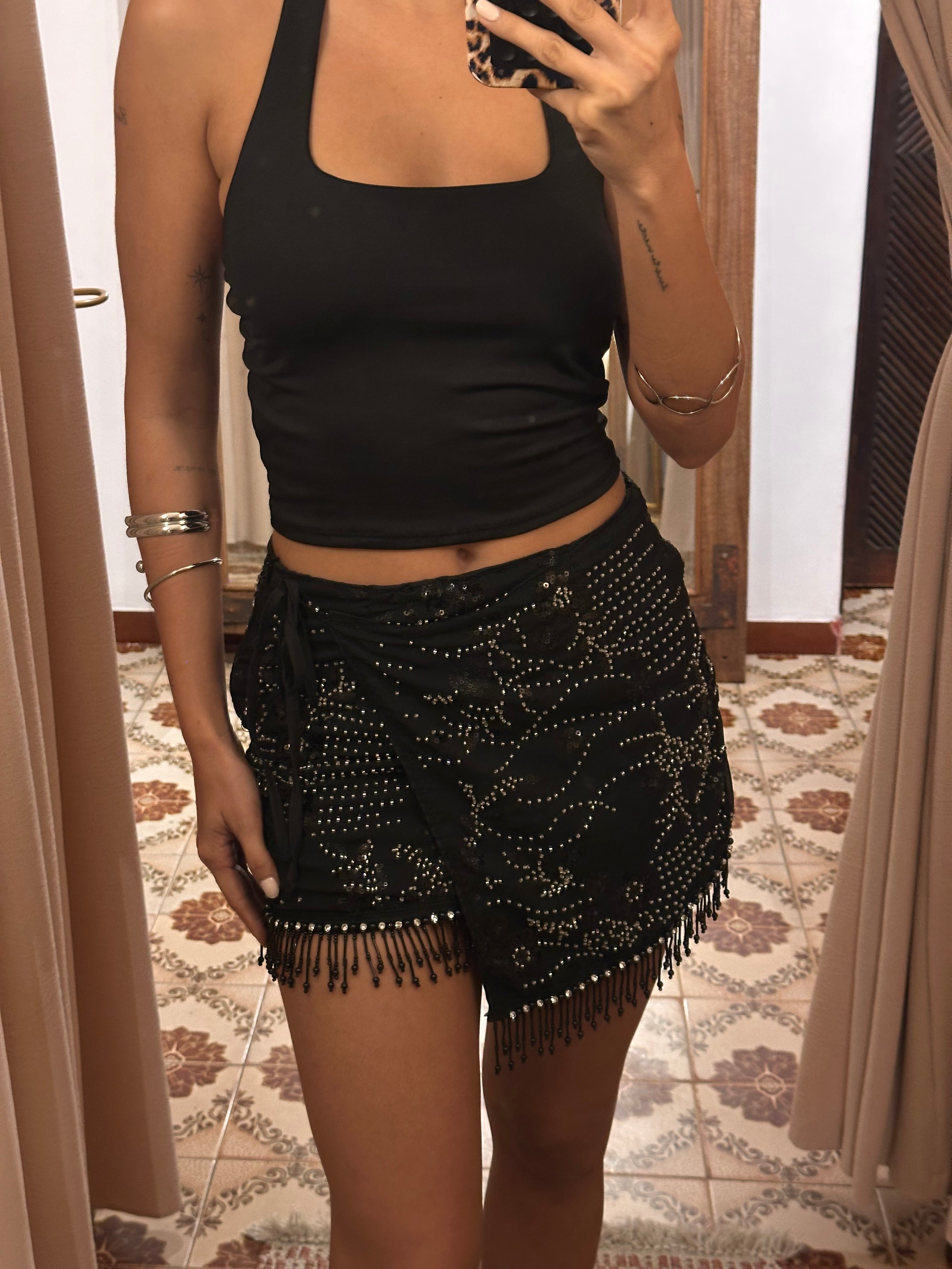 Beaded Sequin Tassel Wrap Mini Skirt