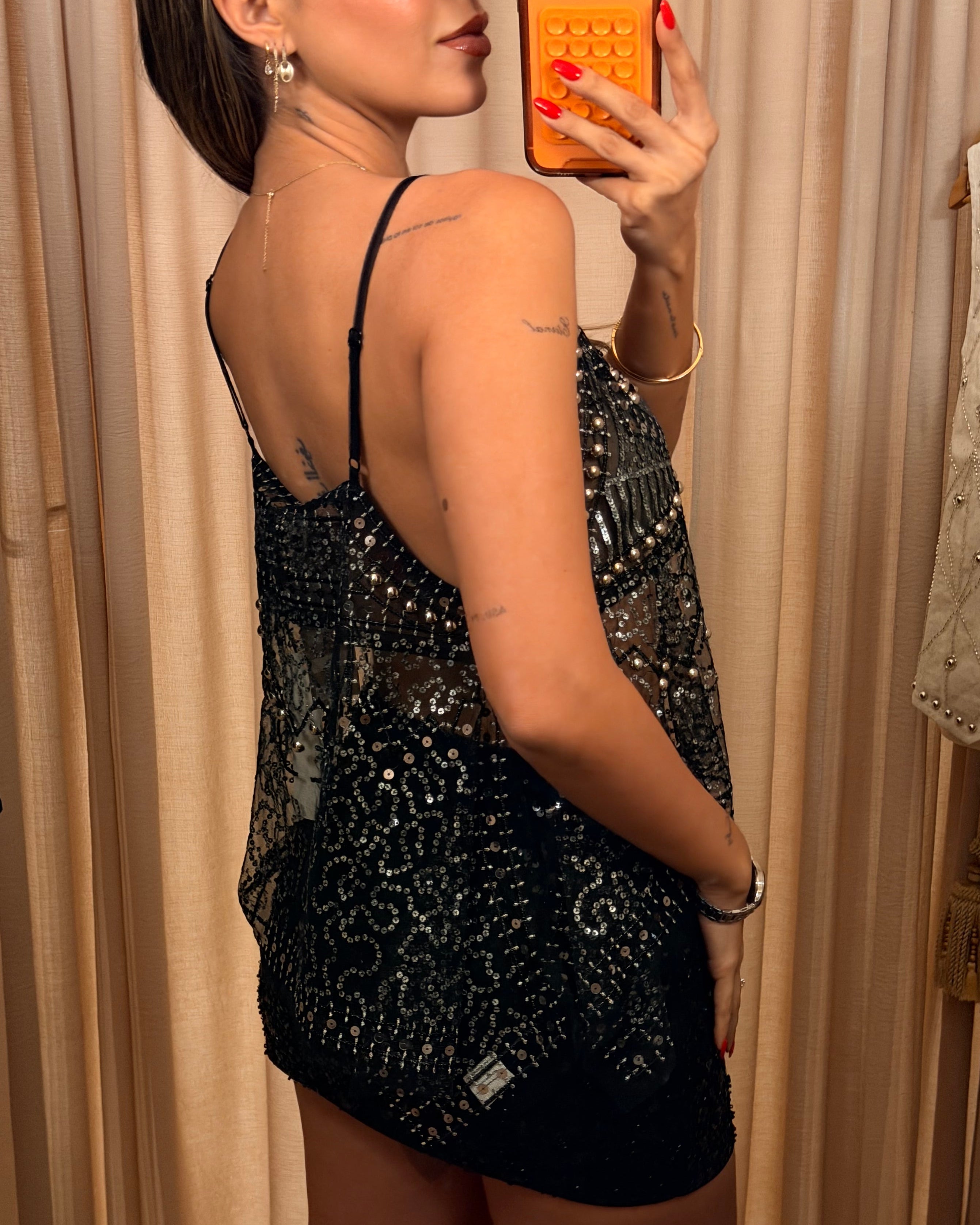 Embellished Mesh Cami Top - Black