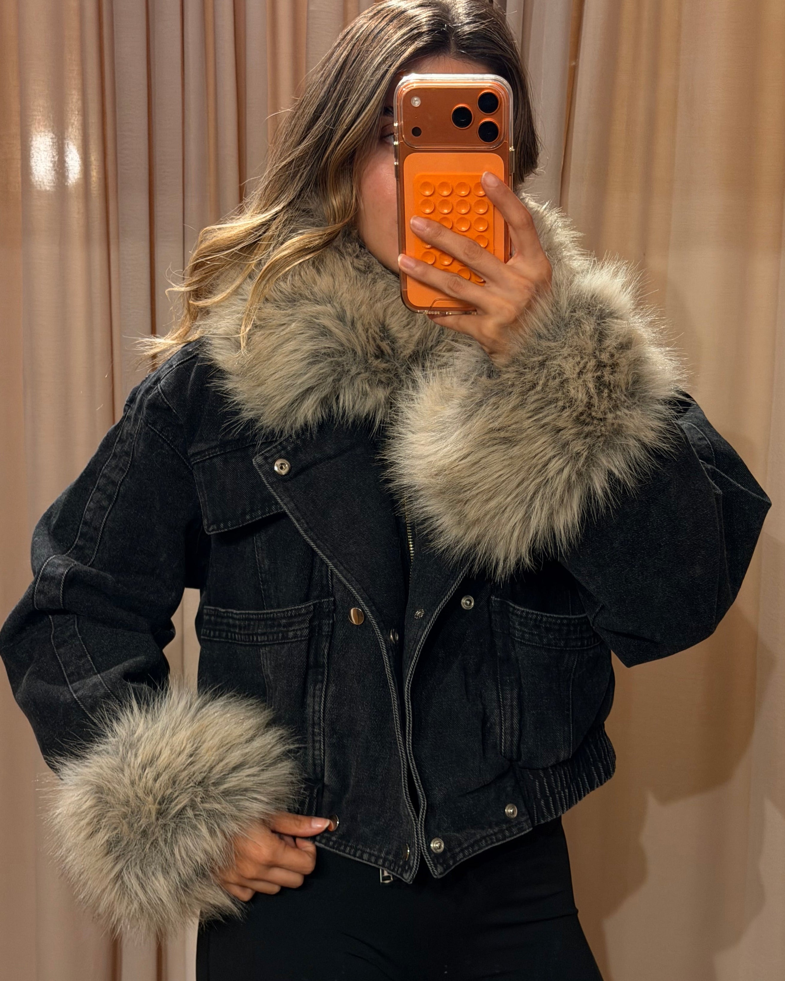 Faux Fur Denim Jacket - Black